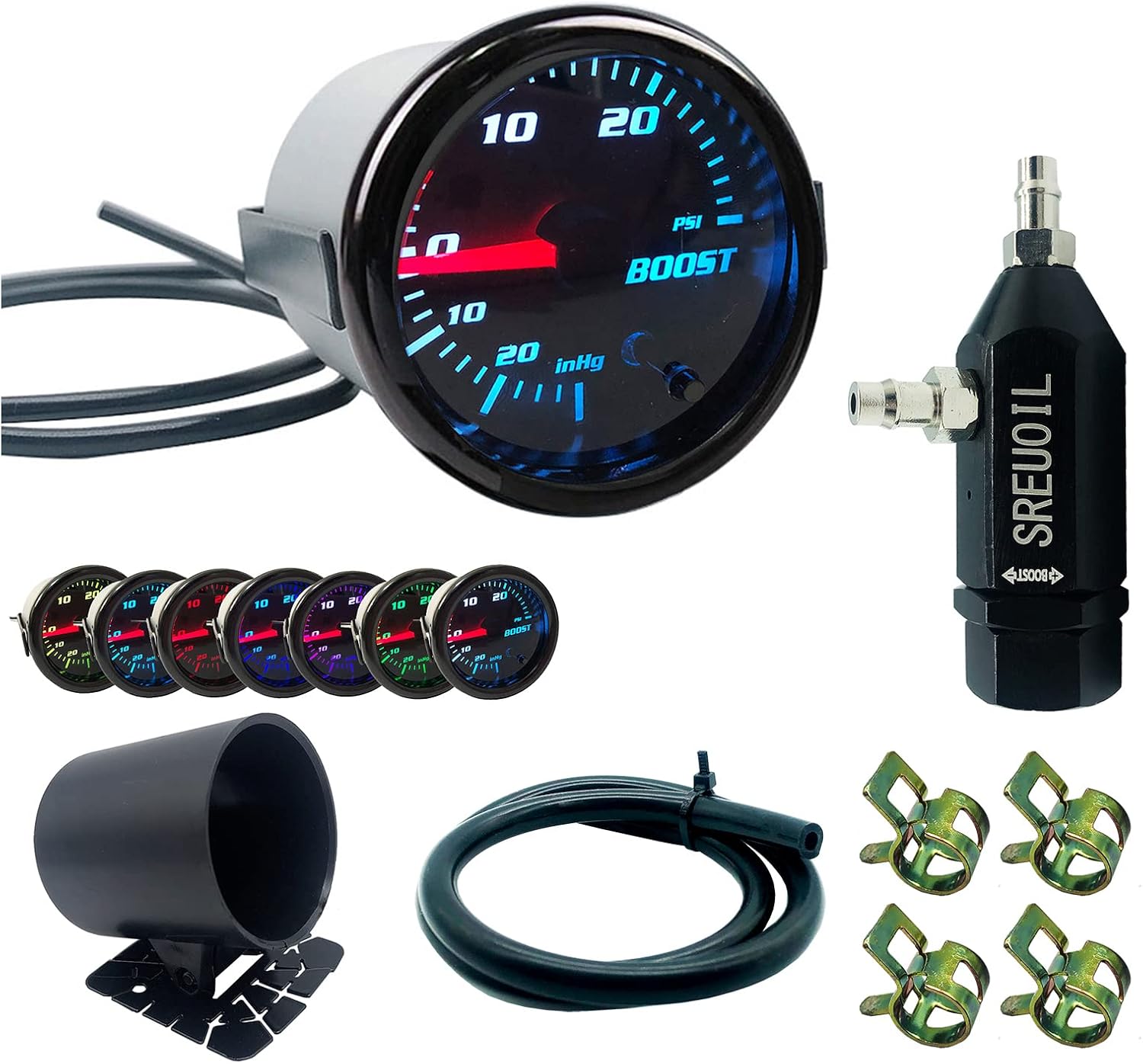 Medidor Turbo Boost de 2″ 2.047 in con ajuste de 7 colores con kit de controlador manual universal de 0-30PSI