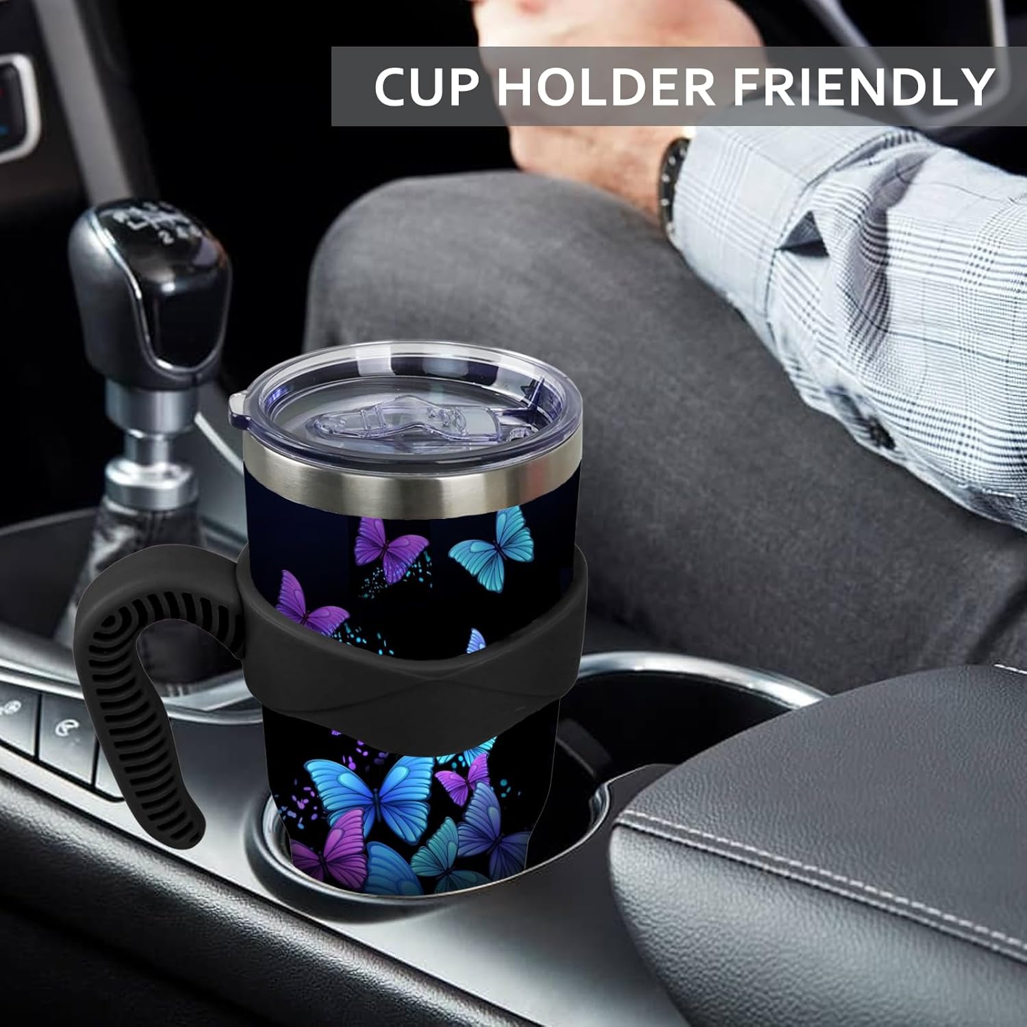 Vaso de 40 onzas con asa y popote de 40 onzas, taza de mariposa azul y morada, taza de viaje aislada para café a prueba de derrames, a prueba de