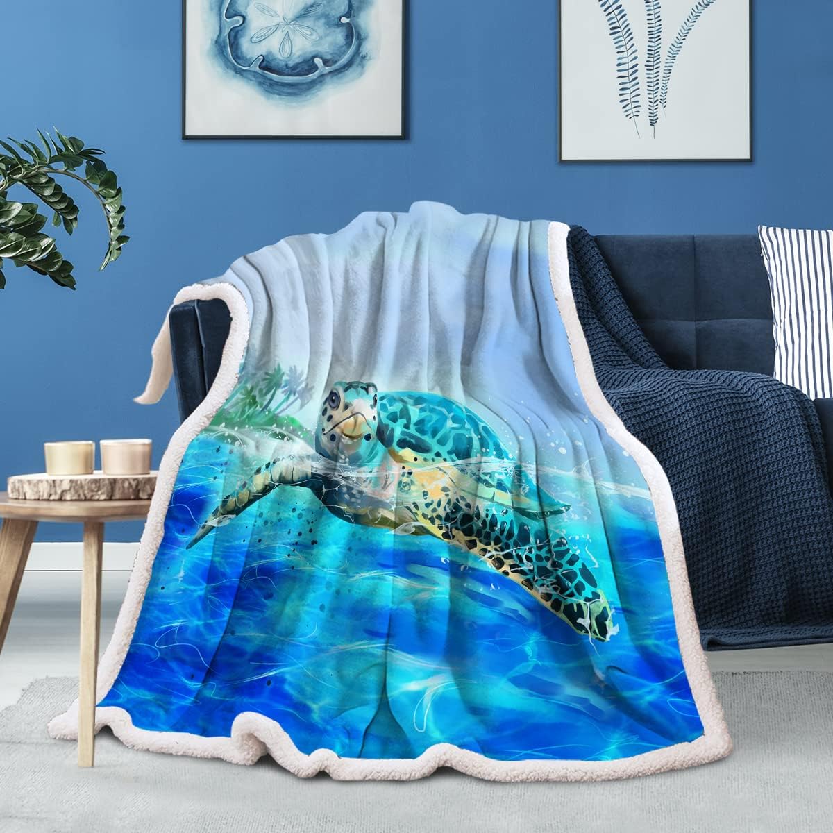 Sleepwish Manta reversible de vellón sherpa de tortuga marina 3D, manta mullida de felpa azul náutica para amantes de los animales de playa, regalo