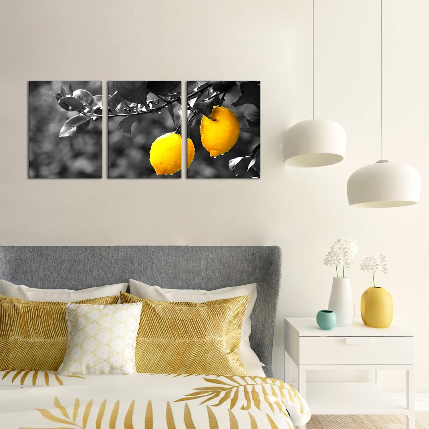 Nachic Wall Lienzo de cocina de 3 piezas, arte de pared de limón fresco, póster de frutas, arte moderno en blanco y negro, amarillo para decoración
