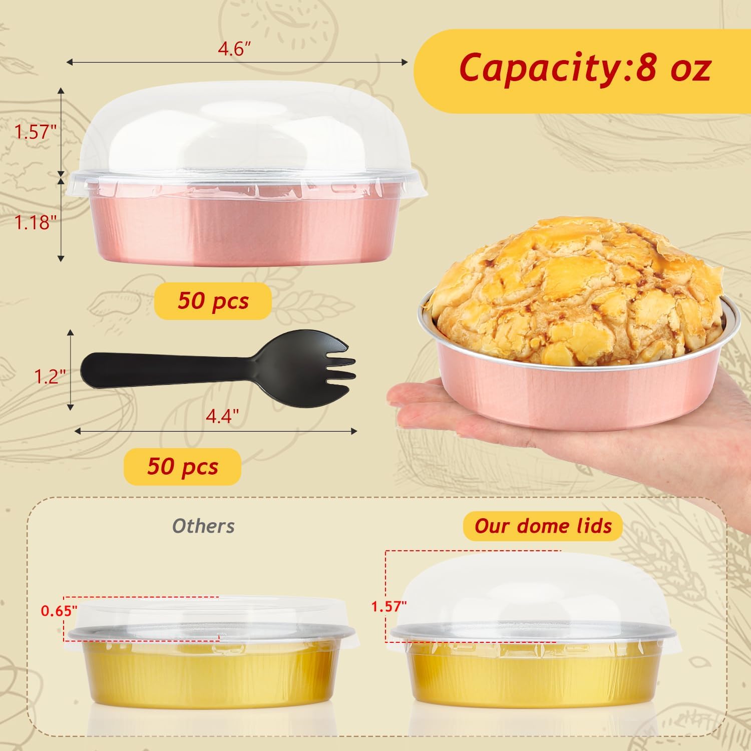 LNYZQUS – Mini moldes para pasteles de 8 onzas con tapas, paquete de 50 moldes desechables de 4 pulgadas, moldes pequeños para tartas de papel de