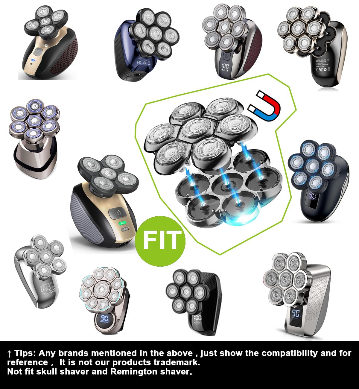 Cabezales de repuesto universales magnéticos de 7 cuchillas para afeitadora de cabeza, cabezales de repuesto universales (7 negro)