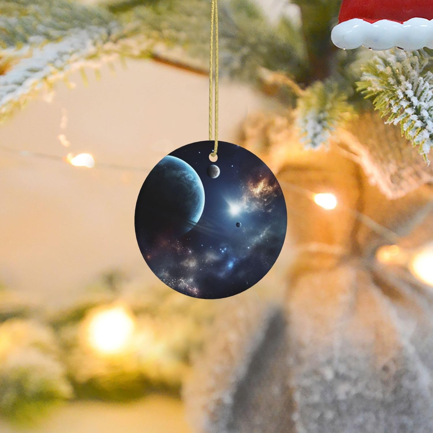 Adorno de Navidad redondo colgante de Navidad, luna, estrellas y planetas, árbol de Navidad, cerámica, adorno colgante de cerámica personalizado