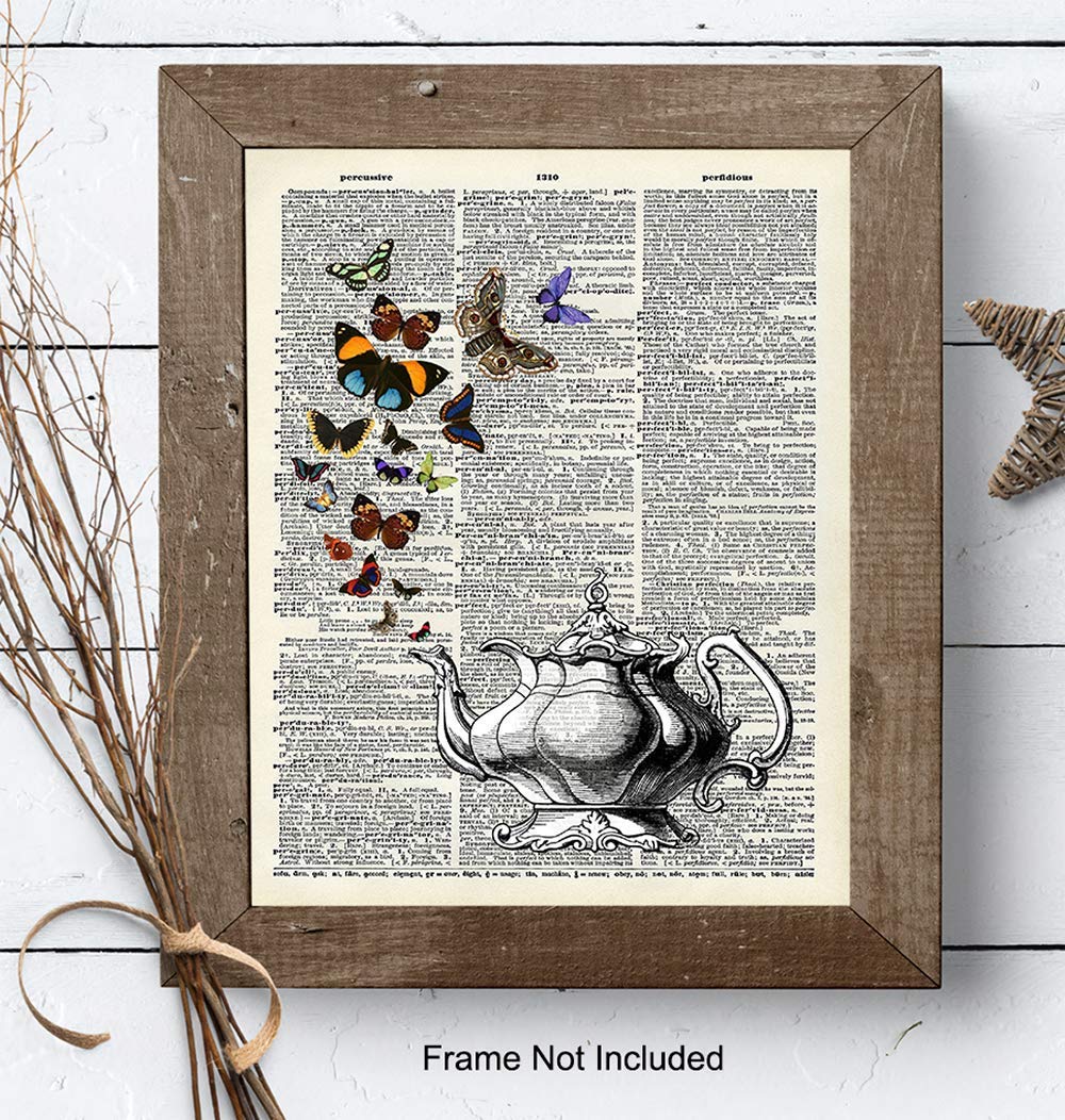 Butterflies in Teapot Dictionary Wall Art Print – Vintage Home Decor For Kitchen, Dining Room – Cool Unique Steampunk Gift – Shabby Chic Rustic –