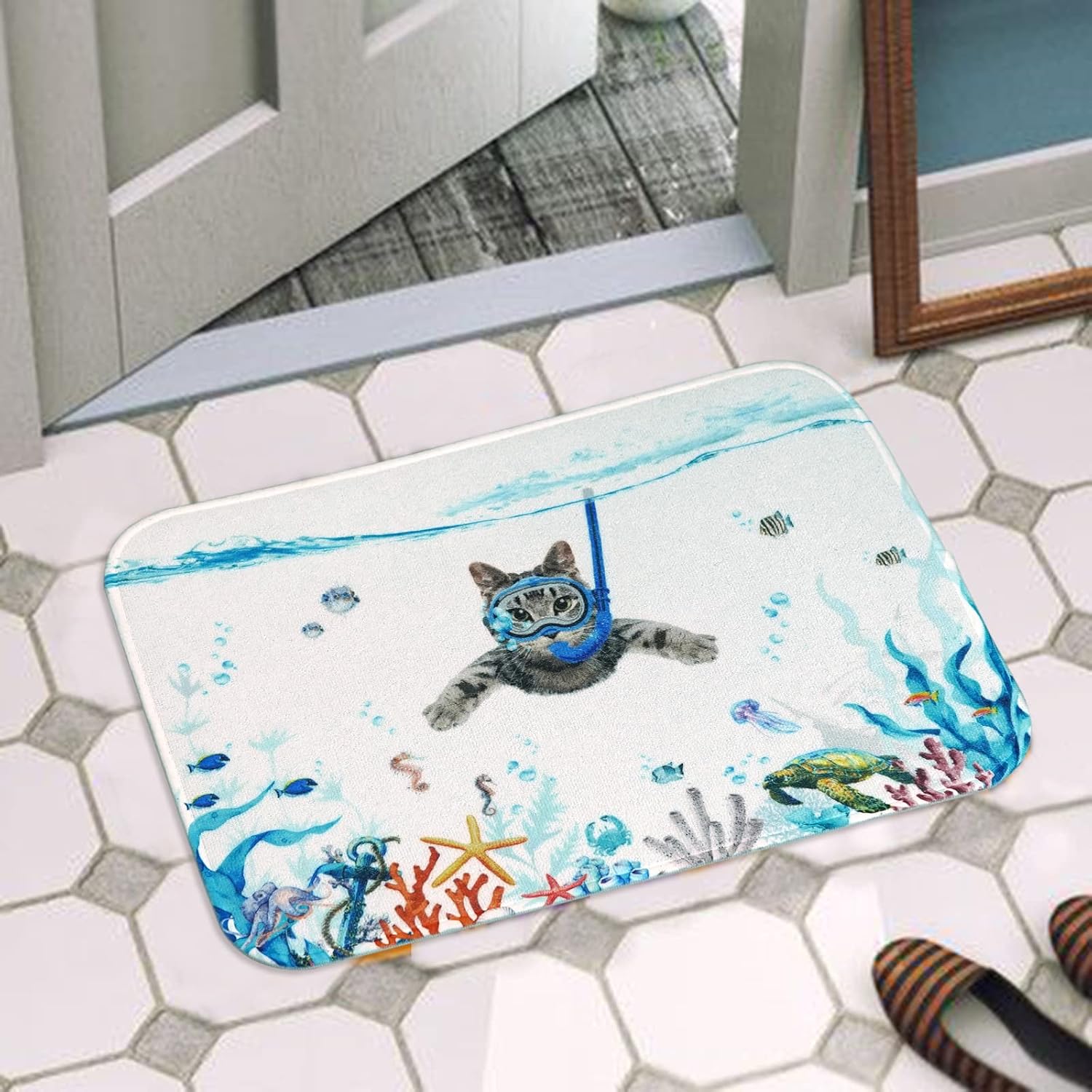 Fowocu Divertidas alfombras de baño con diseño de gatos, diseño de animales marinos y océanos, absorbentes de agua, antideslizantes, de microfibra
