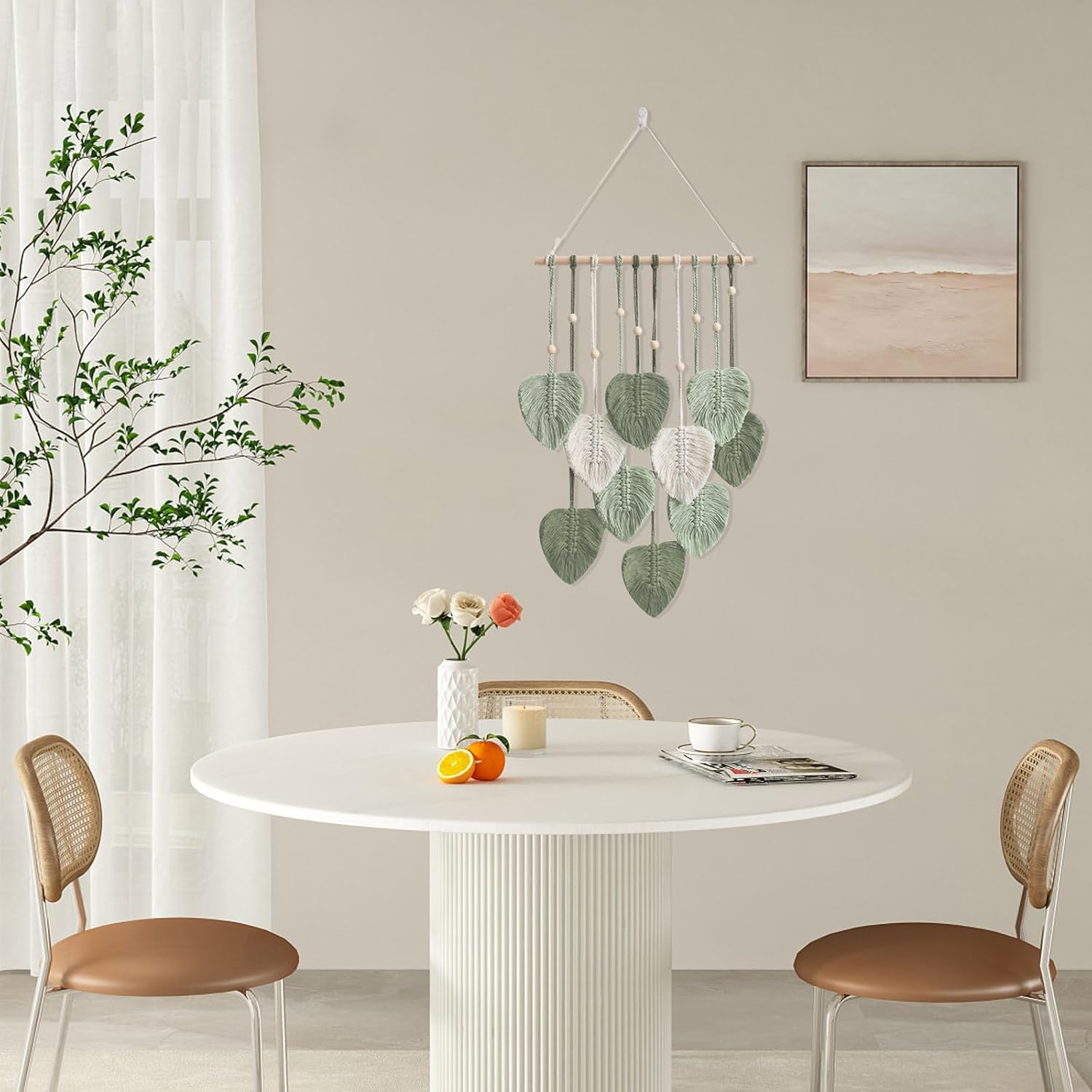 Hojas colgantes de pared de macramé, decoración de pared bohemia con borlas de hojas tejidas con plumas, decoración de pared de plumas de hojas