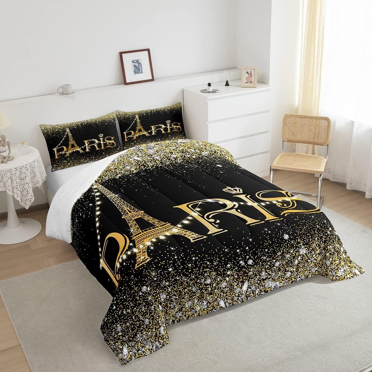 Juego de ropa de cama de París negro y dorado para mujer, juego de edredón de torre Eiffel con purpurina femenina para regalo del día de San