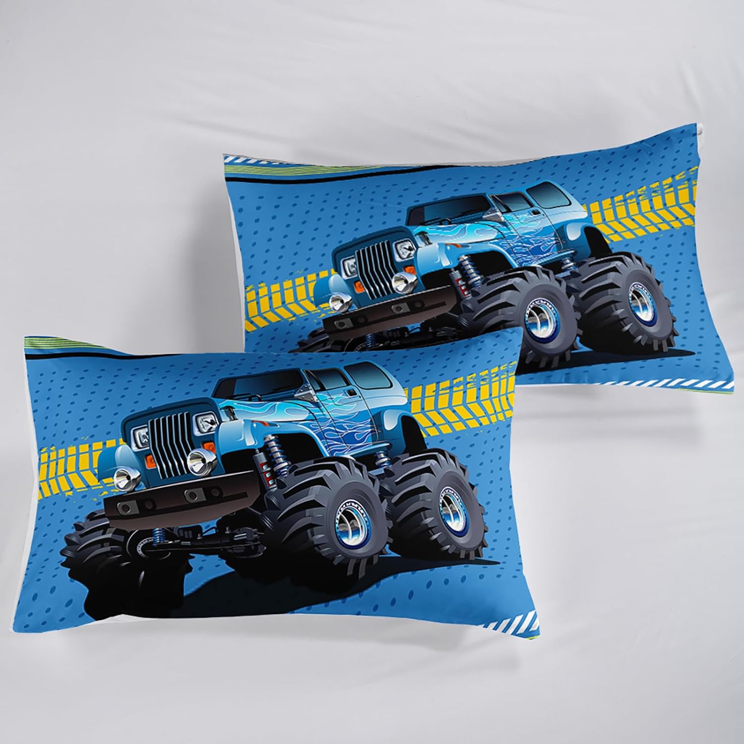 Edredón de camión monstruo azul, tamaño individual, juego de ropa de cama con estampado de camión monstruo para niños pequeños, 1 edredón con 2