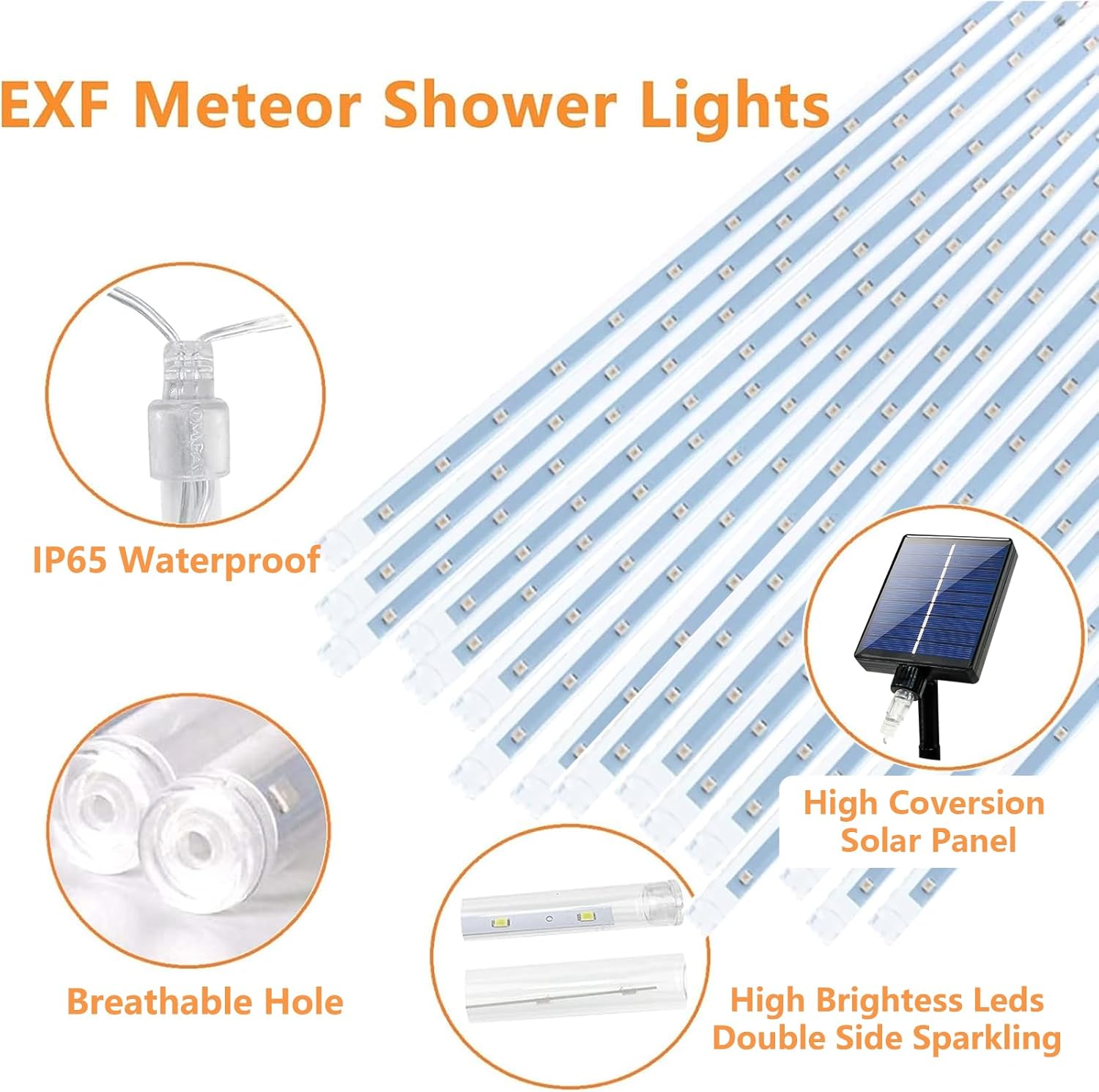 Luces solares de lluvia de meteoritos impermeables para exteriores, luces de decoración de Navidad, funciona con energía solar, 16 tubos de 384