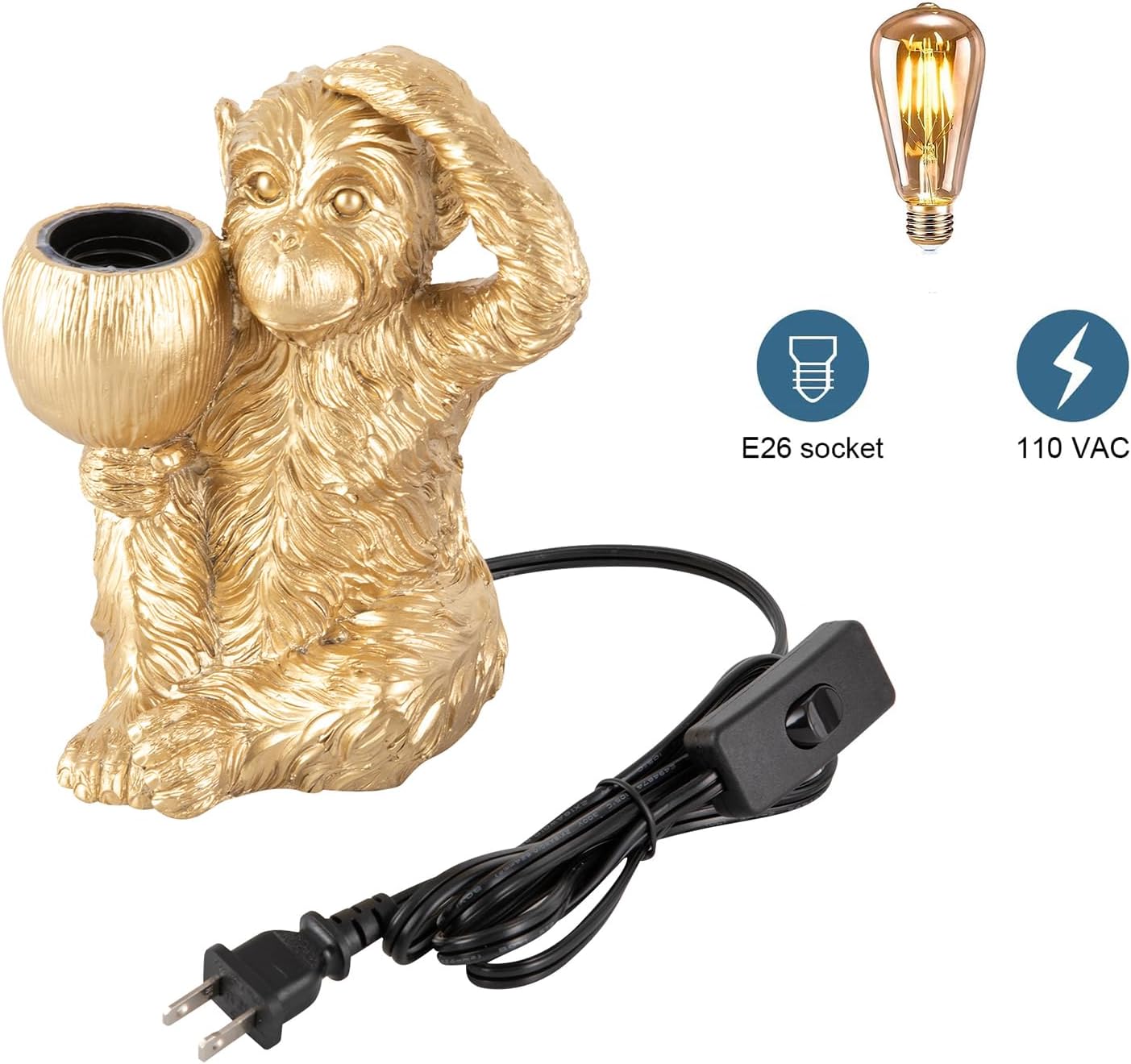 EseMiee Lámpara de mesa de noche de mono, lámpara de escritorio moderna, diseño único de mono de resina con enchufe E27, accesorio de iluminación de