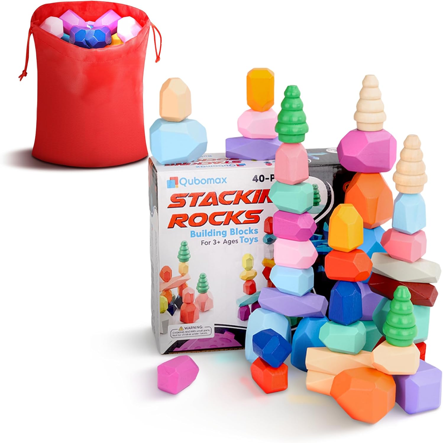 Qubomax 40 piezas de juguetes apilables de madera  Bloques de construcción Montessori para niños a partir de 3 años  Juego de aprendizaje preescolar