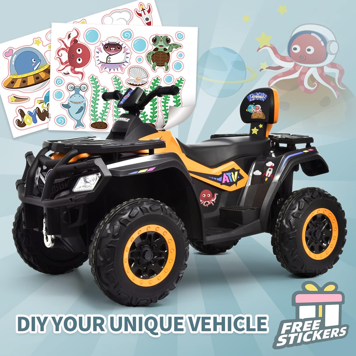 Joywhale ATV de 12 V y 2 plazas para niños de 3 a 8 años, con calcomanía de bricolaje, batería 7AH, suspensión de metal, faros brillantes, música,