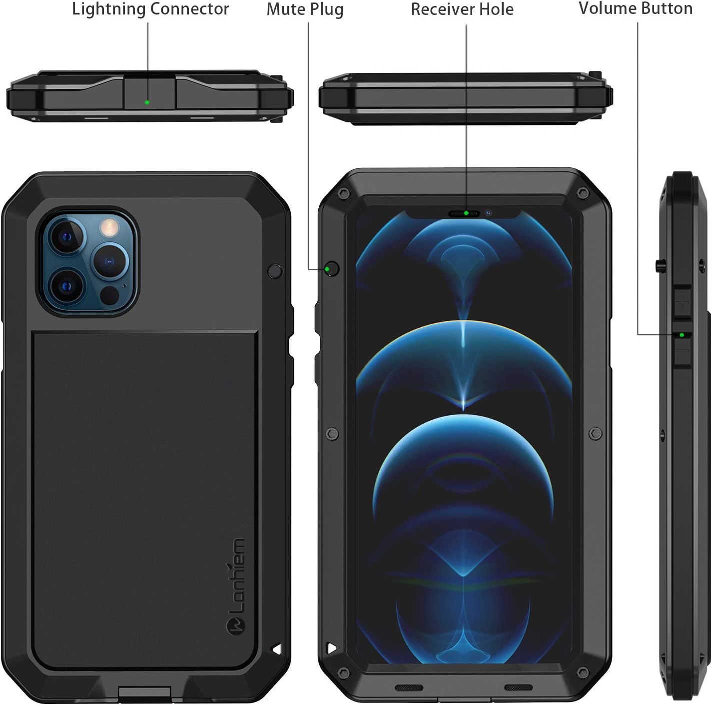 Lanhiem Funda de metal para iPhone 12, iPhone 12 Pro, resistente a los golpes, con protector de pantalla de vidrio integrado, funda protectora 360 a