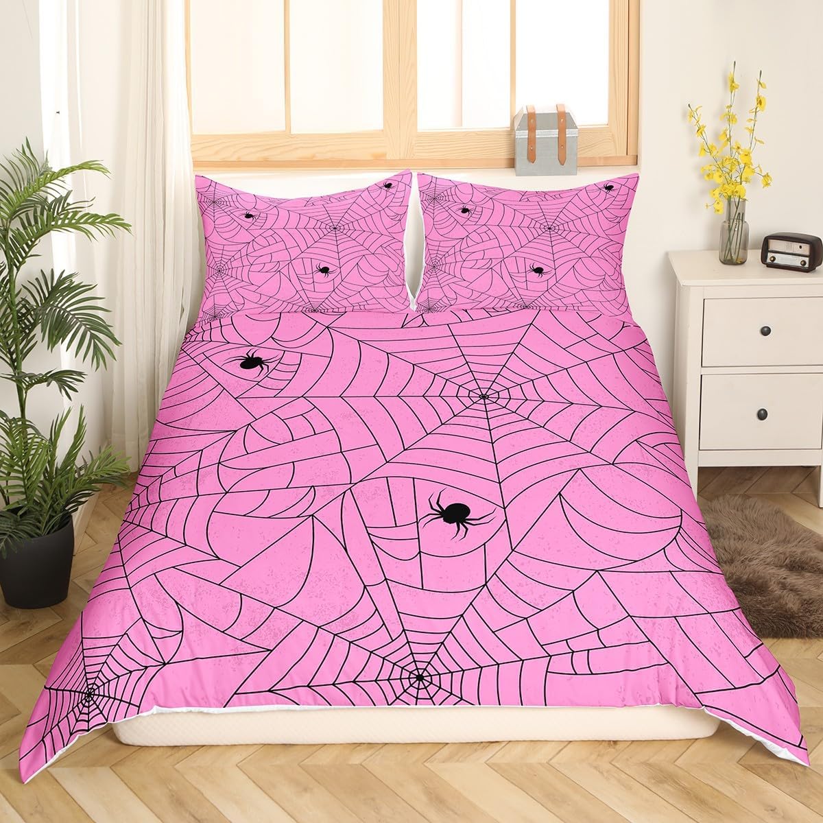 Feelyou Juego de funda de edredón rosa de Halloween, tamaño King, juego de ropa de cama de tela de araña para niños y niñas, juego de funda de
