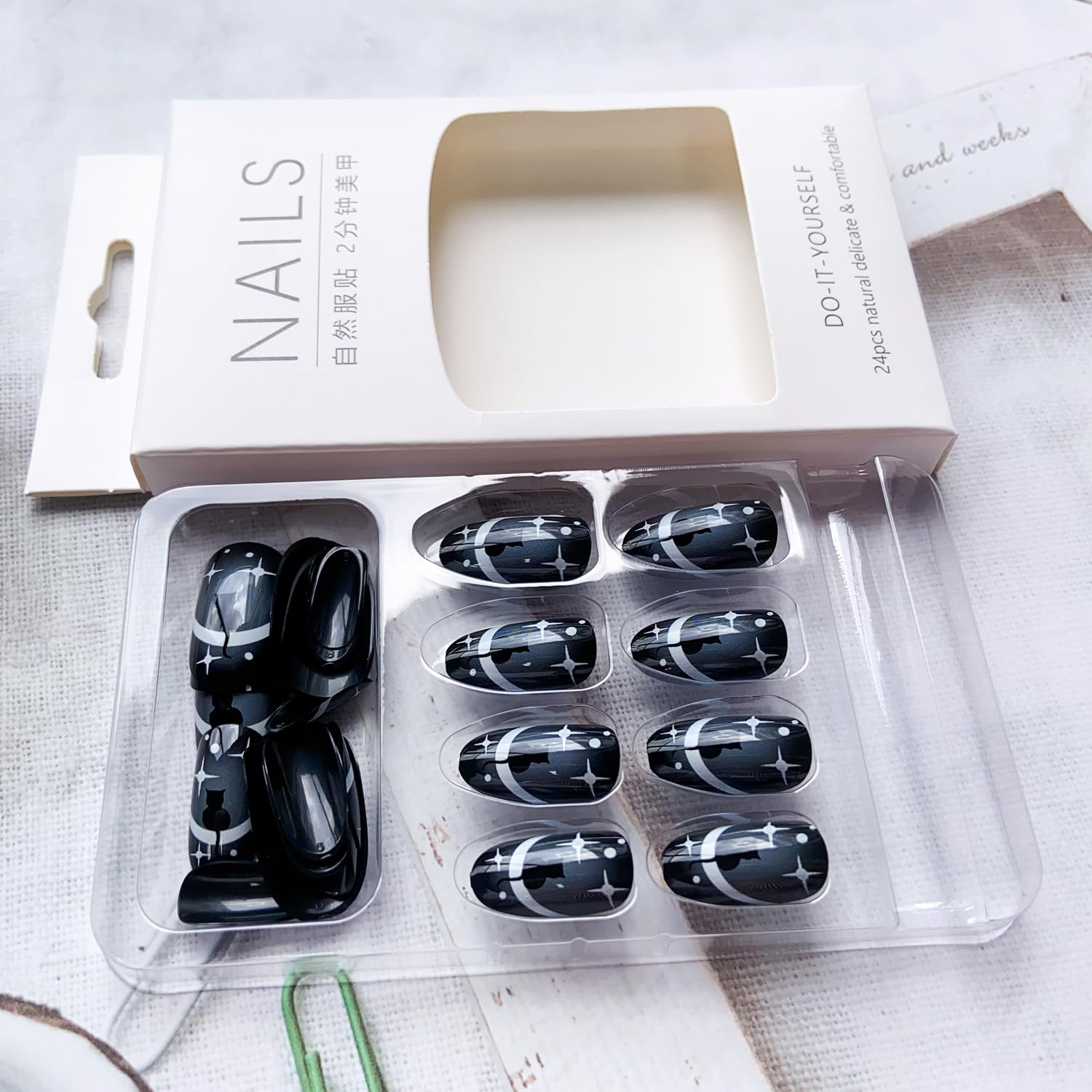 Uñas postizas a presión con diseño de Halloween, uñas postizas ovaladas cortas con diseño de estrella de gato negro, cobertura completa, Y2K, uñas