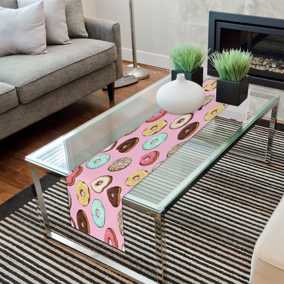Camino de mesa de donas lindas, mantel de lino rústico otoñal, decoración de mesa de cocina y comedor para fiesta en el hogar, 13 x 72 pulgadas