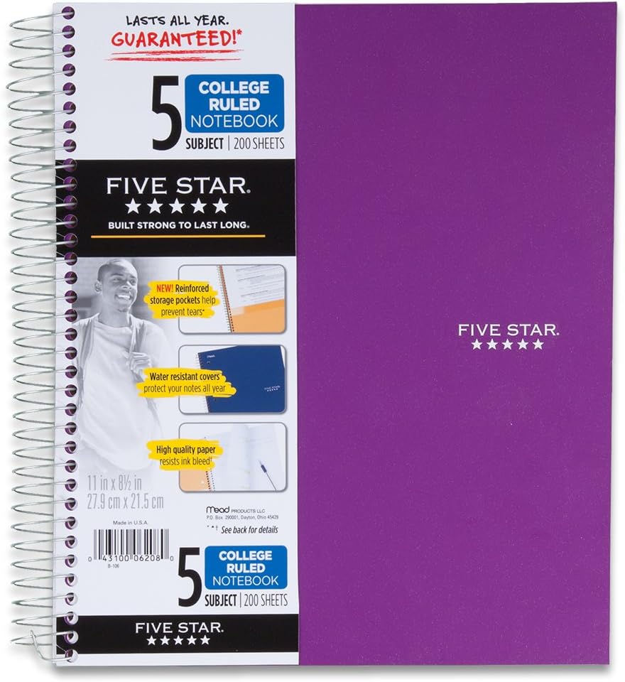 Five Star Cuaderno de espiral, 5 materias, rayado universitario, 11 x 8.5 pulgadas, morado