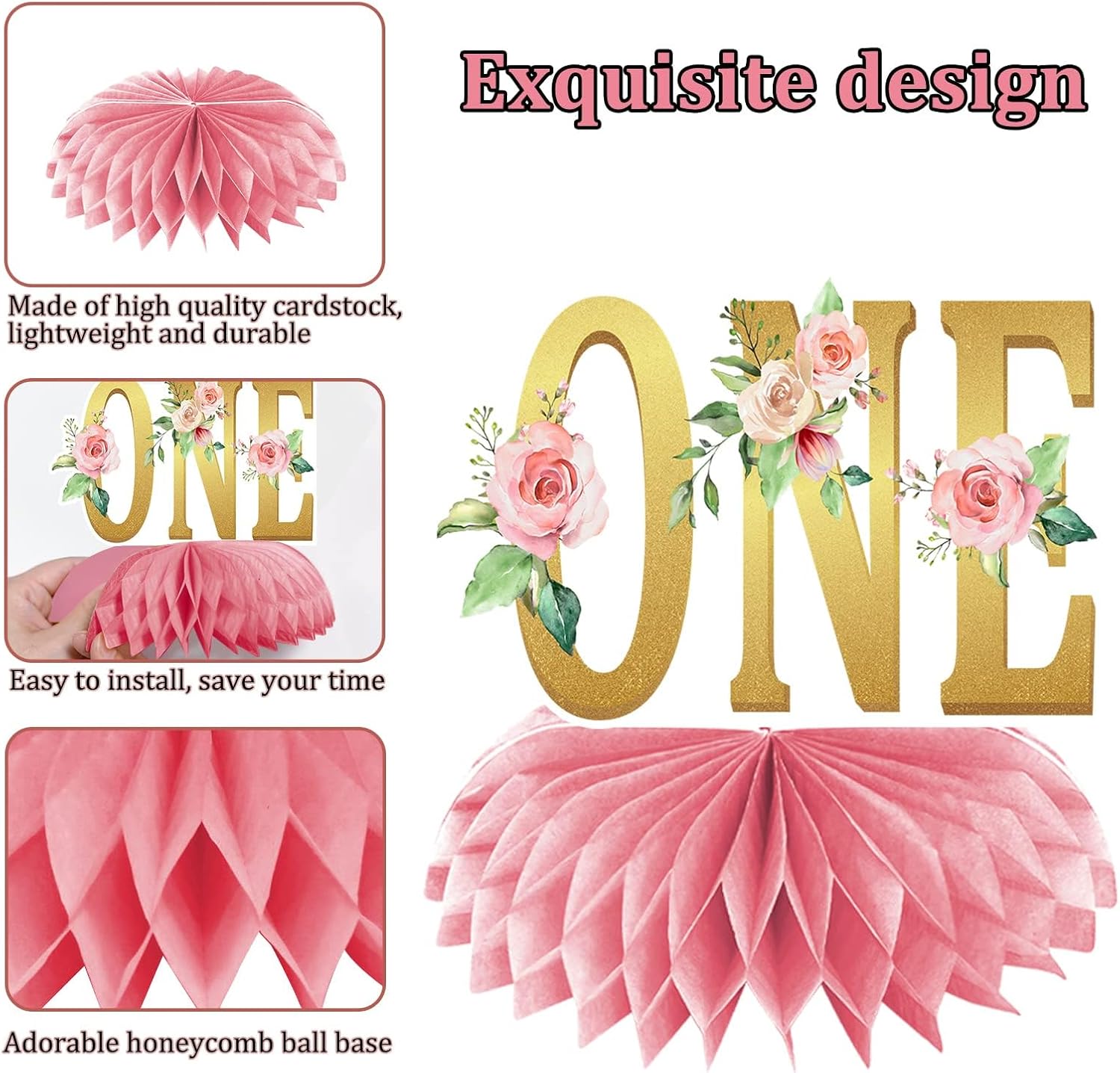 10 piezas de decoración de cumpleaños de Miss Onederful, centros de mesa de panal para niñas bebés, color oro rosa y oro rosa para primer