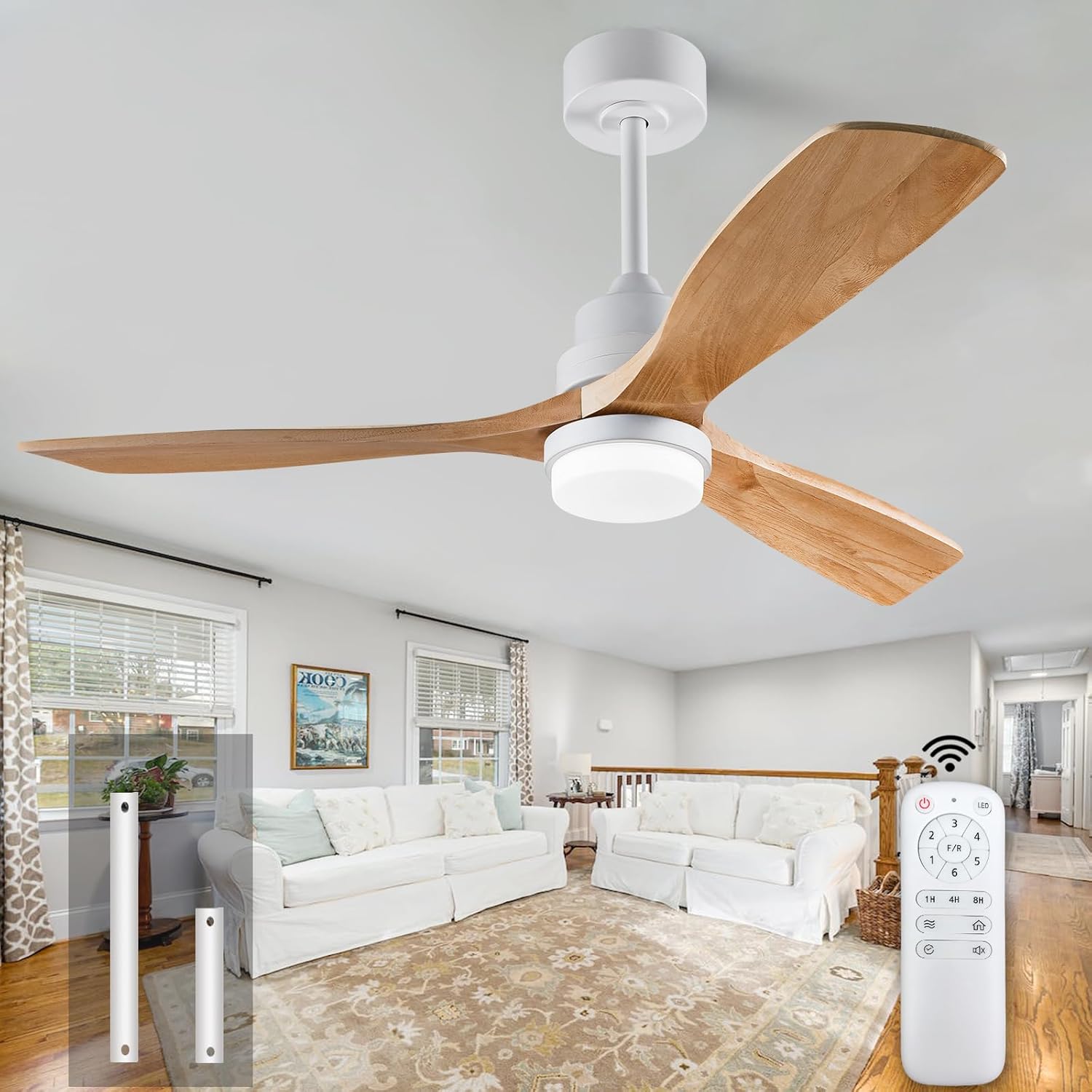 XBIBI Ventiladores de techo de 52 pulgadas con control remoto de luz, ventiladores de techo de madera con 3 aspas y barra inferior, motor de CC de 6