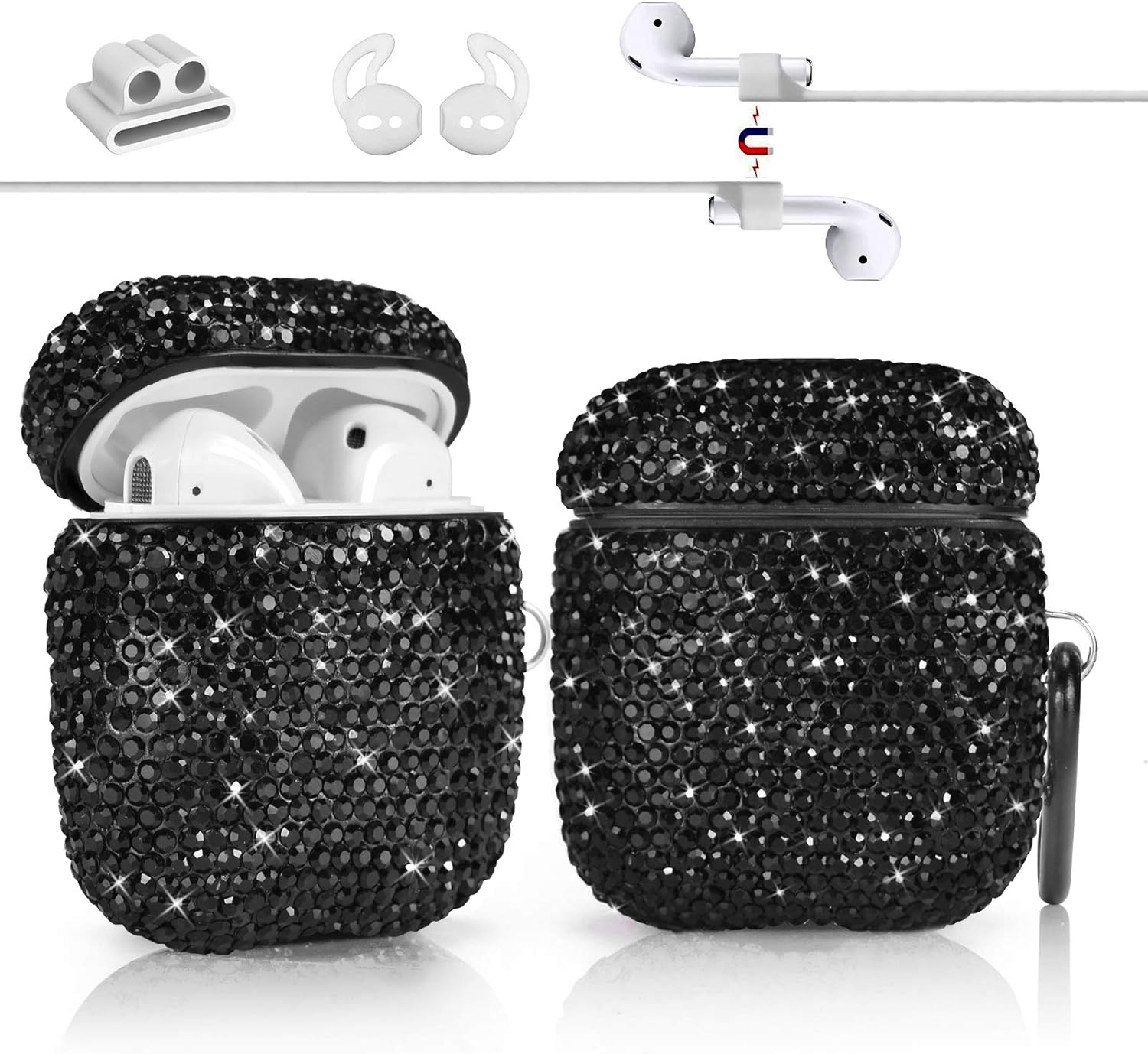 Funda para AirPods 1 y 2, llavero+correa antipérdida+ganchos para las orejas+soporte para correa de reloj, protector de cristal brillante con