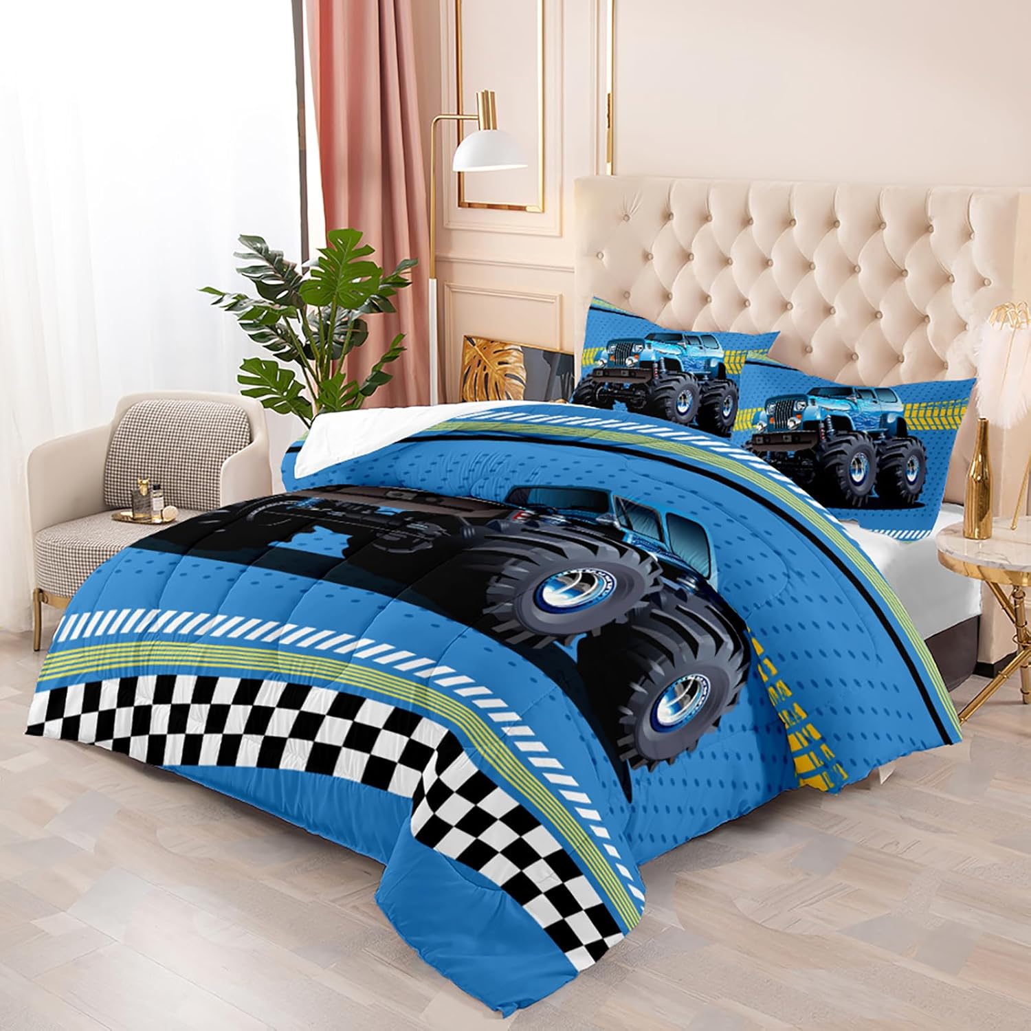 Edredón de camión monstruo azul, tamaño individual, juego de ropa de cama con estampado de camión monstruo para niños pequeños, 1 edredón con 2