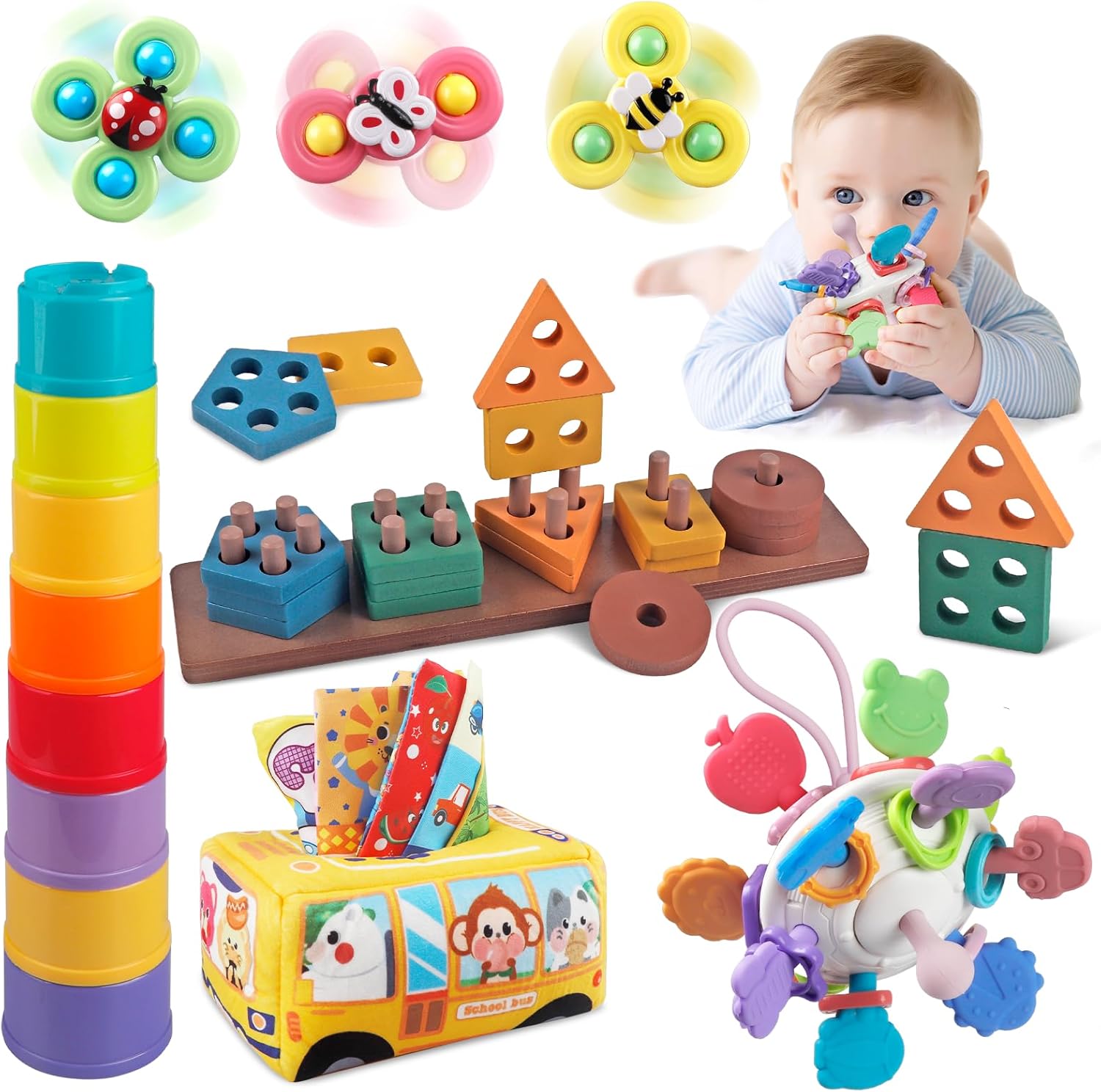 Juguetes para bebés de 6 a 12 meses, juguetes Montessori 5 en 1 para niños pequeños de 1 a 3 años, caja de pañuelos para bebés, juguetes sensoriales