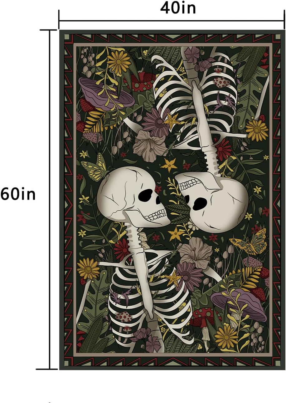 MAMHSABC Tapiz vintage de esqueleto, tapiz de calavera, tapiz de jardín, hongos, flores, plantas, tapiz de amor, tapiz colgante de pared para