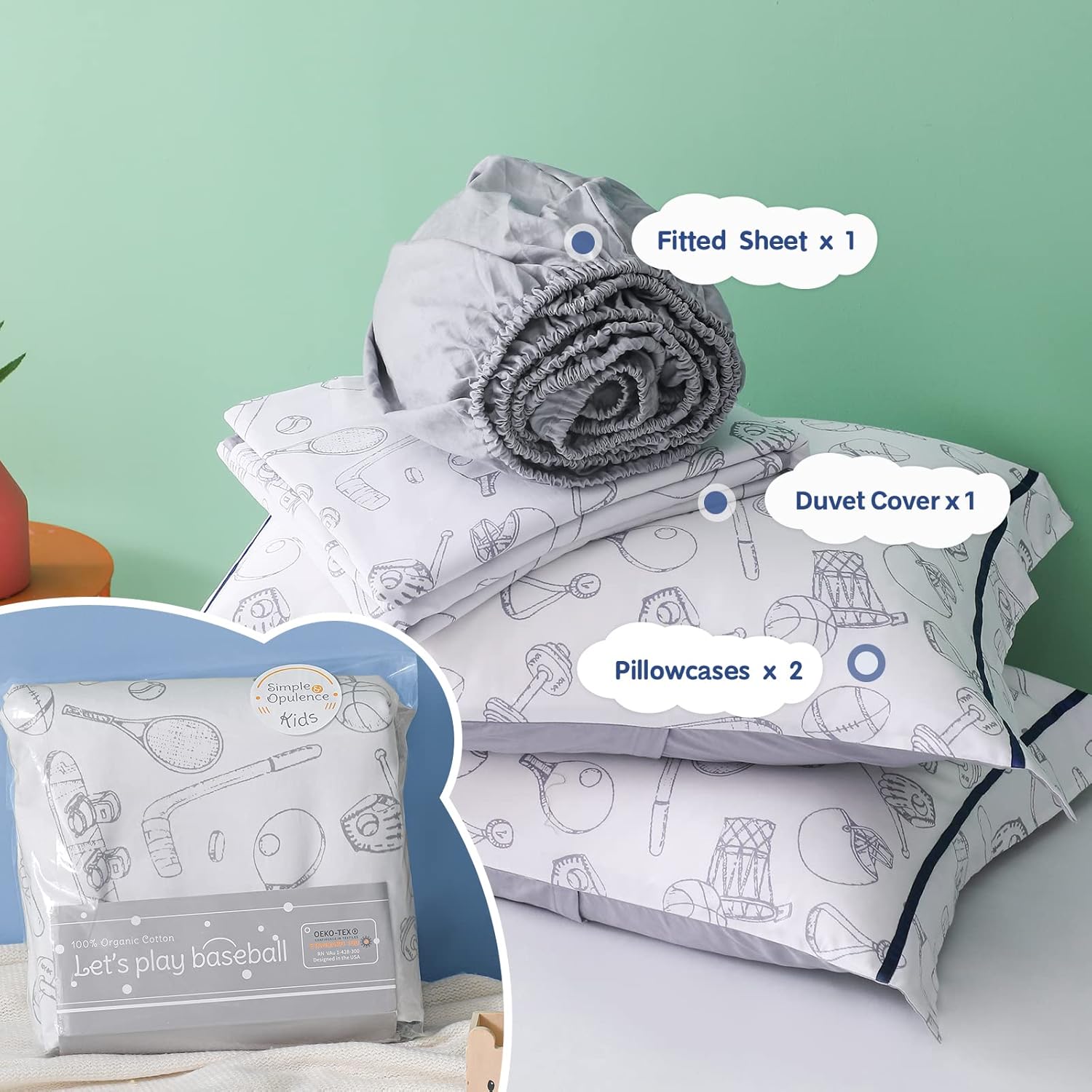 Simple&Opulence Funda de edredón 100% algodón orgánico para niños y adolescentes, funda de edredón suave de 3 piezas con cierre de cremallera, juego
