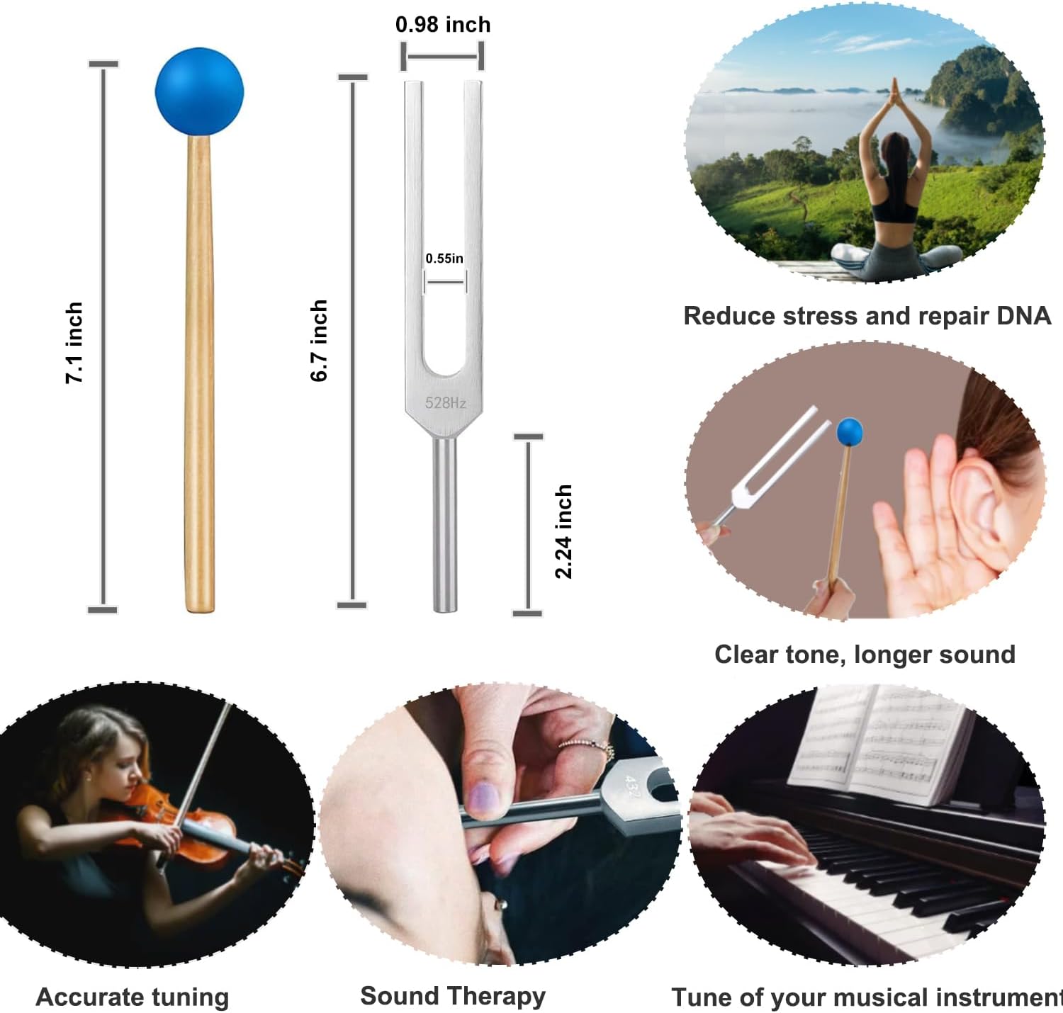 Diapasón para curación y salud, juego popular de afinación musical de 528 Hz para reparación de ADN, alivio del estrés, con martillo de silicona y