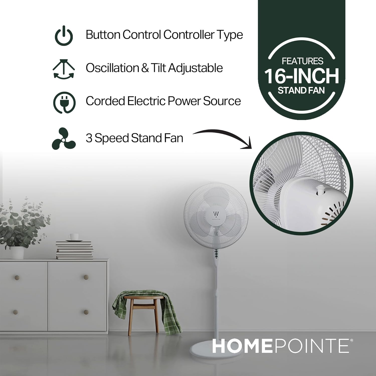Westpointe – Ventilador eléctrico oscilante con cable de 16 pulgadas con 3 ajustes de velocidad, control remoto e inclinación ajustable para el
