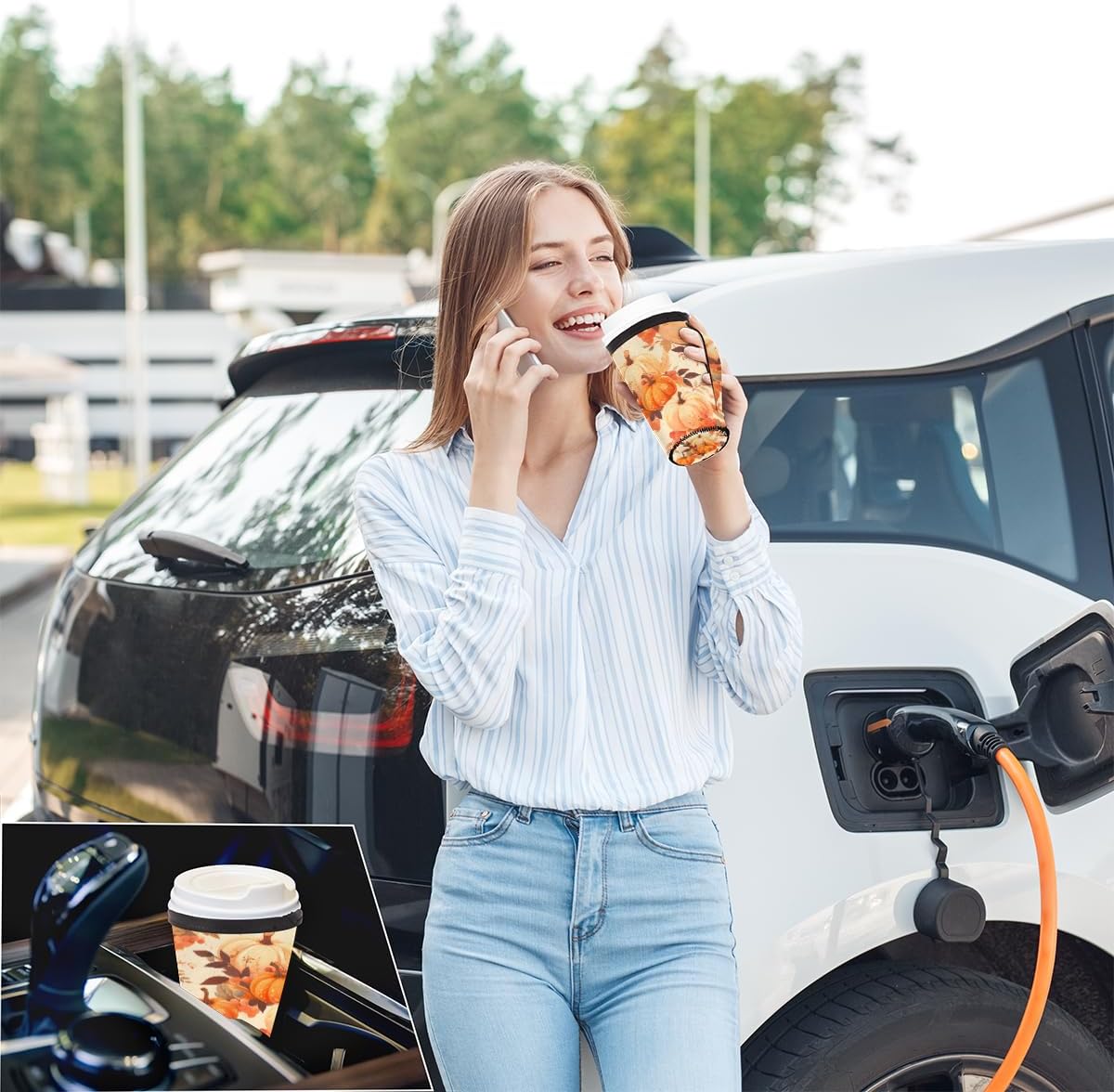 Funda de neopreno reutilizable con asa para café helado de calabaza de Acción de Gracias, para otoño y otoño, para bebidas calientes y frías, 18