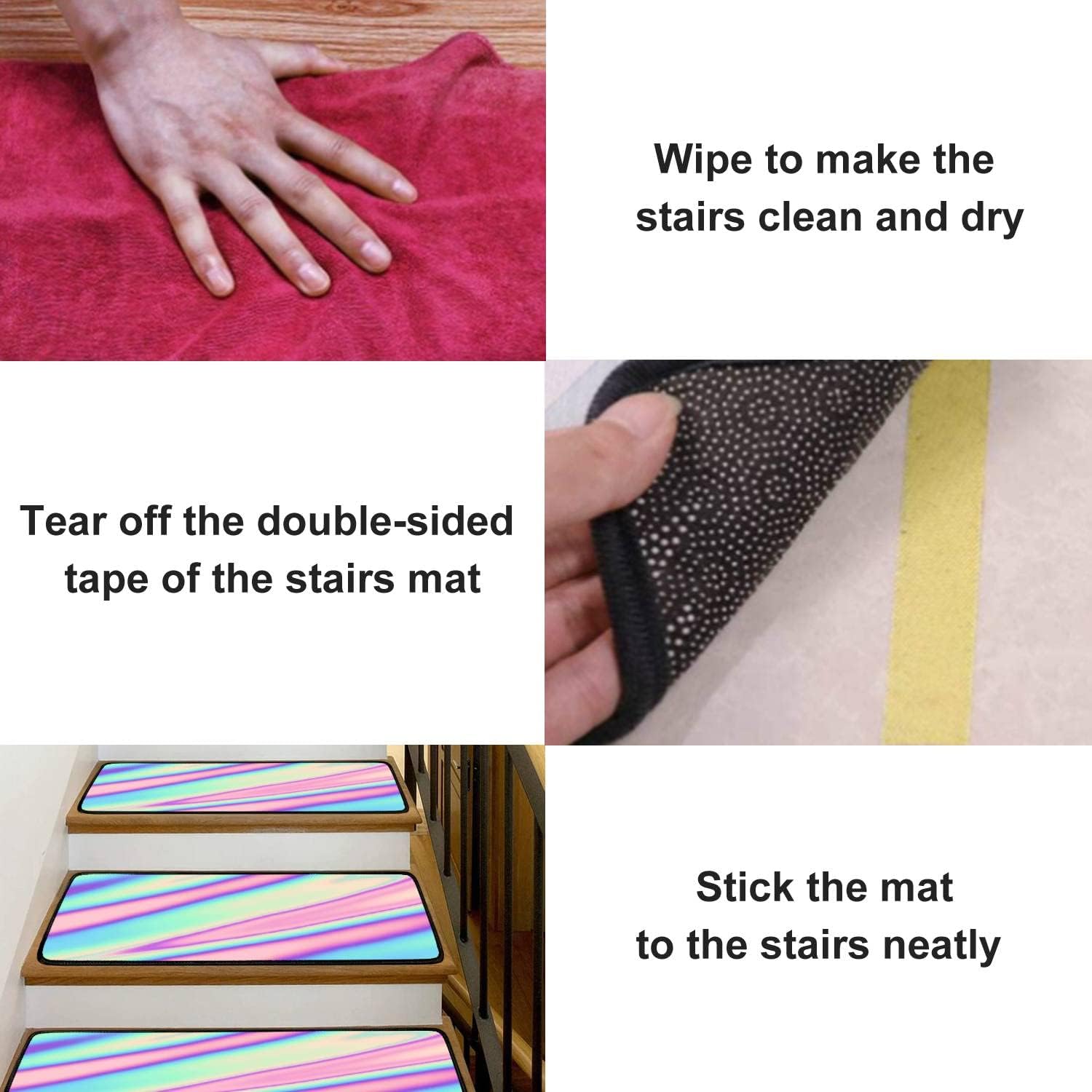 Juego de 13 alfombras para peldaños de escalera, colores pastel, neón, holográficos, degradados, borrosos, ondulados, antideslizantes,