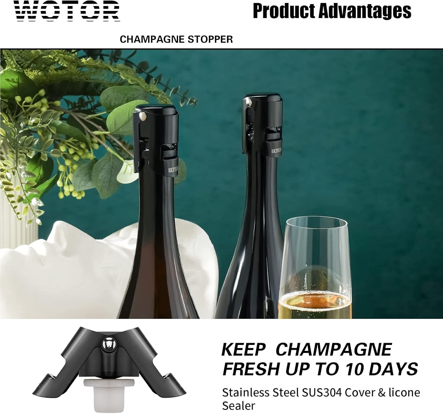 Tapones de champán con tapón de botella de champán de acero inoxidable con corcho de champán reutilizable de silicona de grado alimenticio,