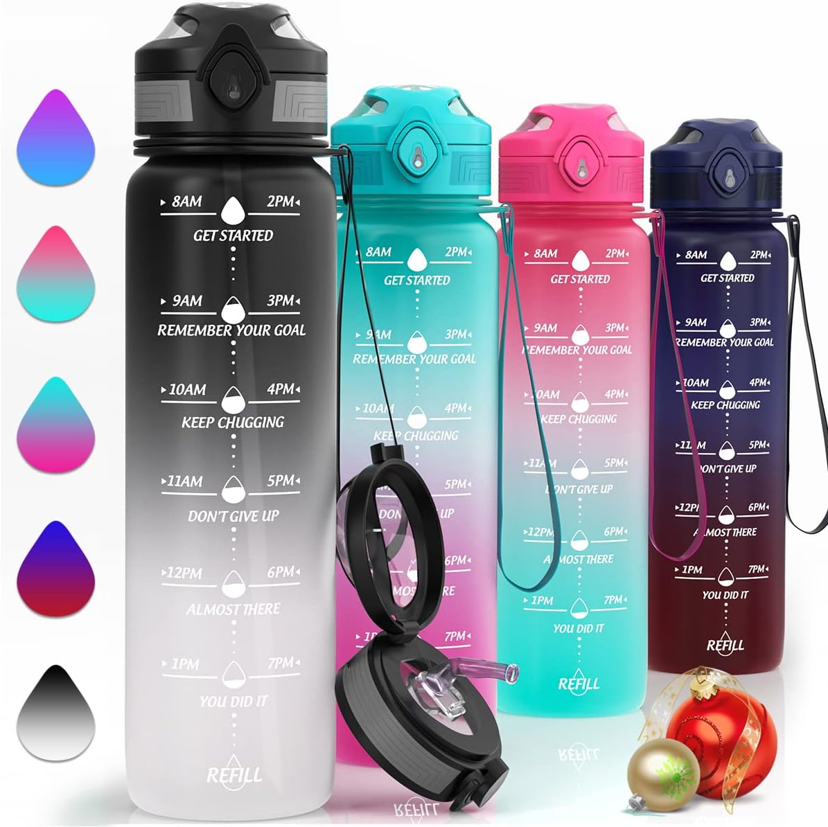 Botellas de agua de 32 onzas con marcador de tiempo y popote, botella de agua motivacional con tiempo para beber, a prueba de fugas, Tritan sin BPA,