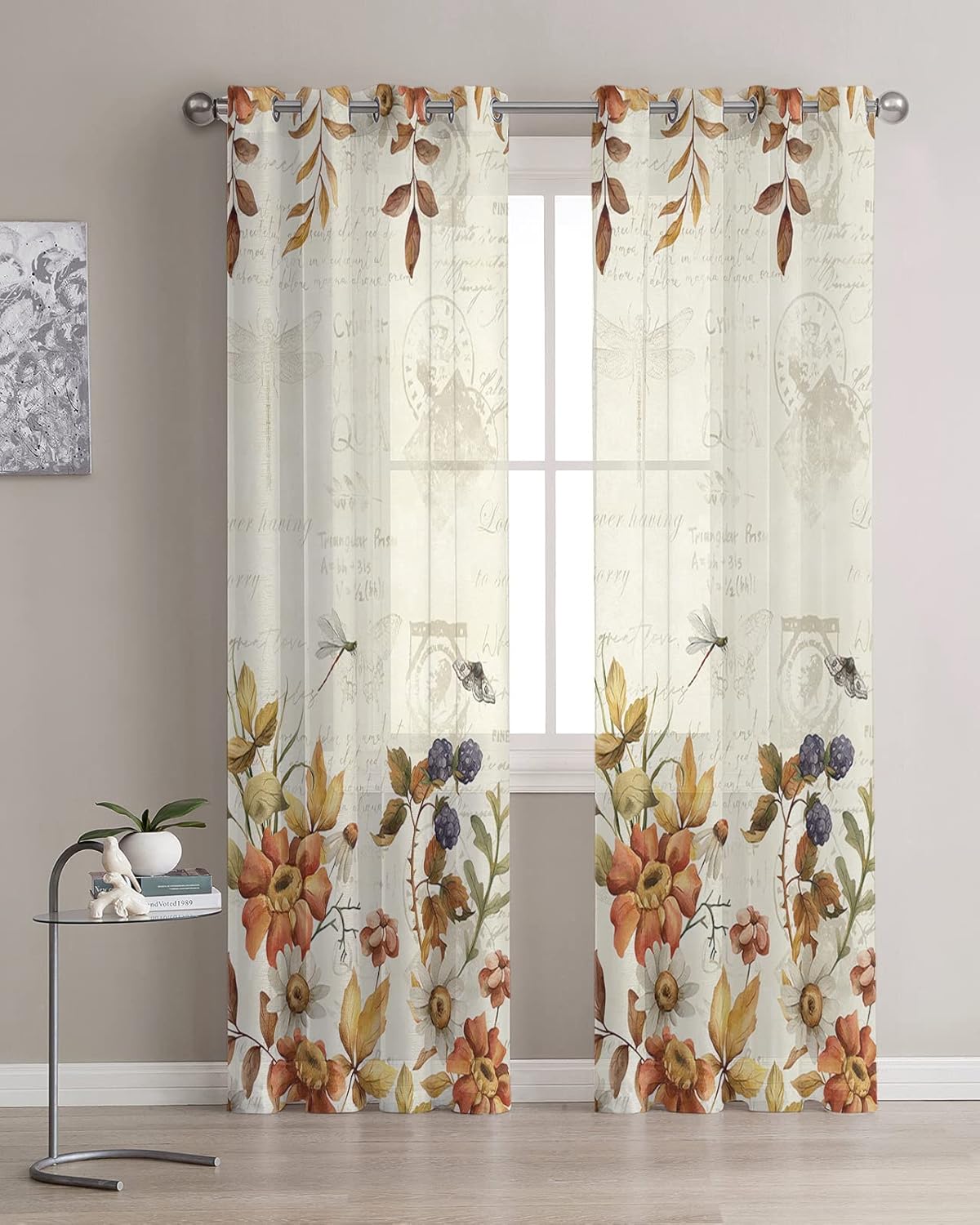 Wowouhiya Cortinas traslúcidas botánicas de otoño para dormitoriosala de estar, cortinas de cocina con ojales de 84 pulgadas de largo, cortinas