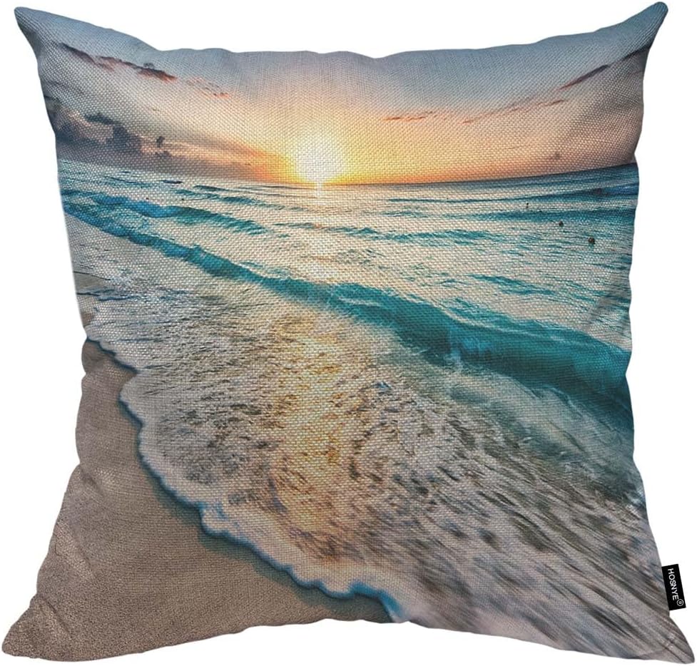 HOSNYE Seaside Wave – Funda de almohada de lino y algodón con diseño de océano tropical, playa, mar, puesta de sol, atardecer, azul, arena, verano,