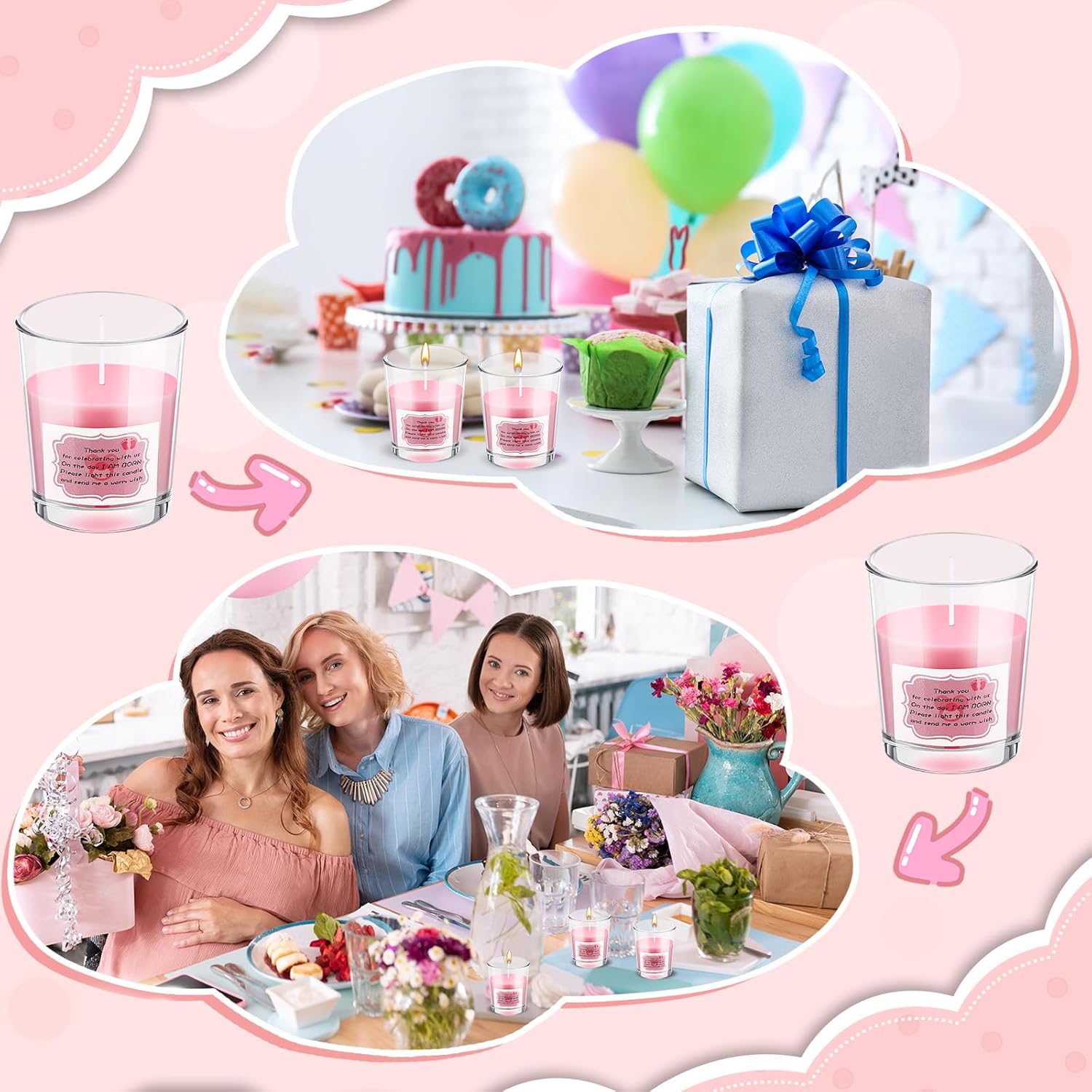 16 piezas de regalos de baby shower, regalos de agradecimiento, velas votivas de 1.7 onzas, velas votivas de vidrio transparente, regalos de