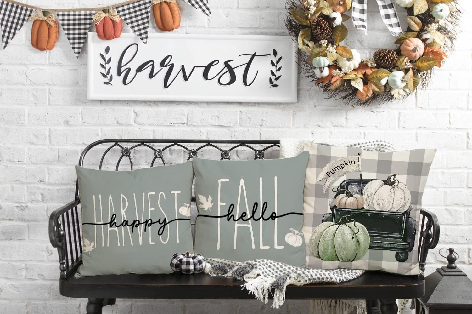 Faromily Juego de 4 fundas de almohada de calabaza otoñal de 18 x 18 pulgadas, diseño de búfalo gris, acuarela, calabaza, camión, granja, fundas de