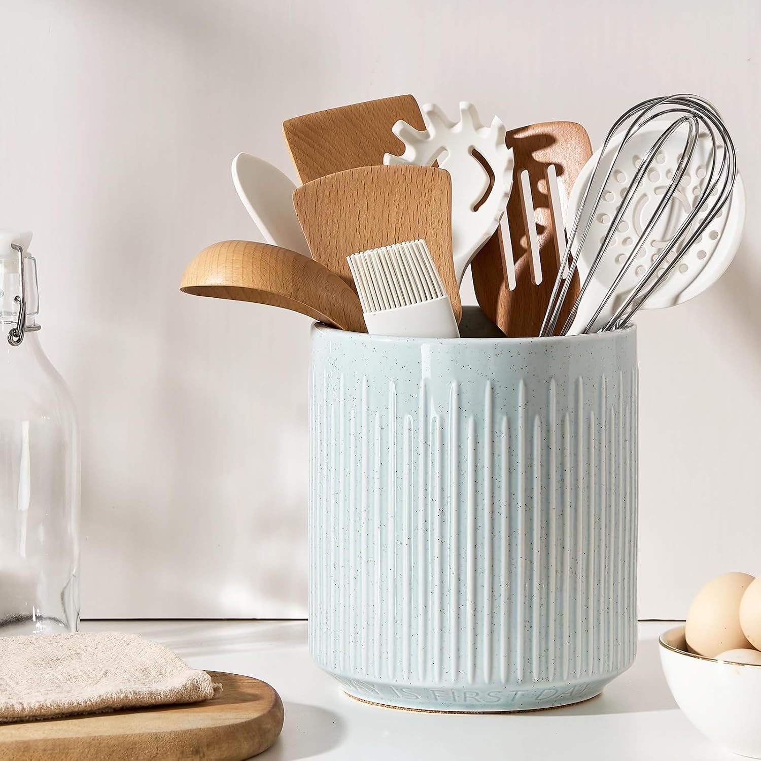 JIEMEI HOME – Soporte para utensilios de cocina, recipiente estable de cerámica para encimera de cocina, organizador grande de utensilios de 7.2