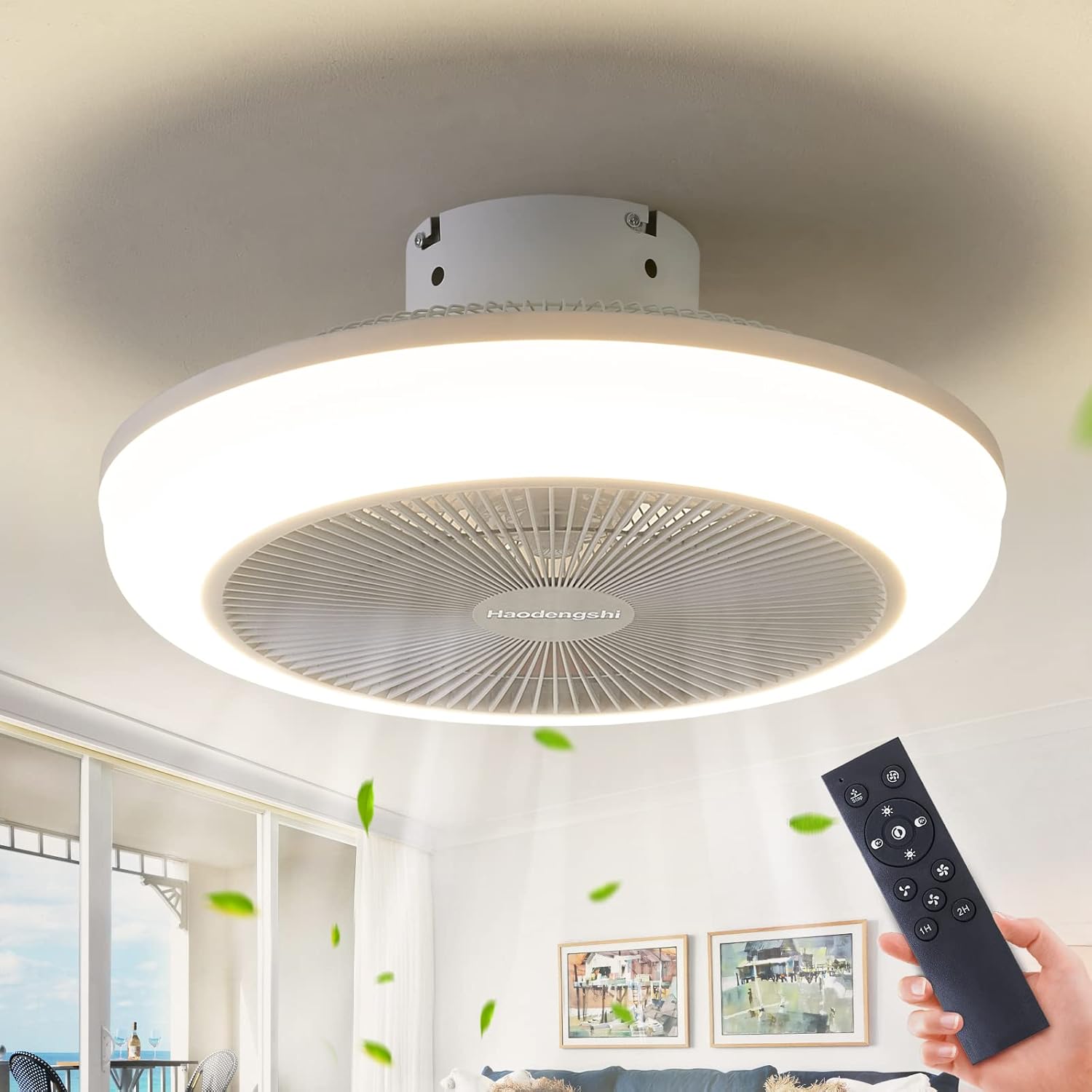 Ventilador de techo sin aspas de 18 pulgadas con luz, pequeño ventilador de techo negro con luz, 3 velocidades, 3 colores claros, ventilador de