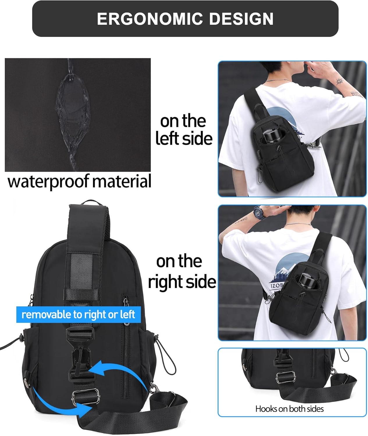 Black Sling Crossbody Bag for Men Women, Tactical Backpack Shoulder Daypack Mini Anti-Theft Motorcycle Chest Bags, Small One Strap Backpack for