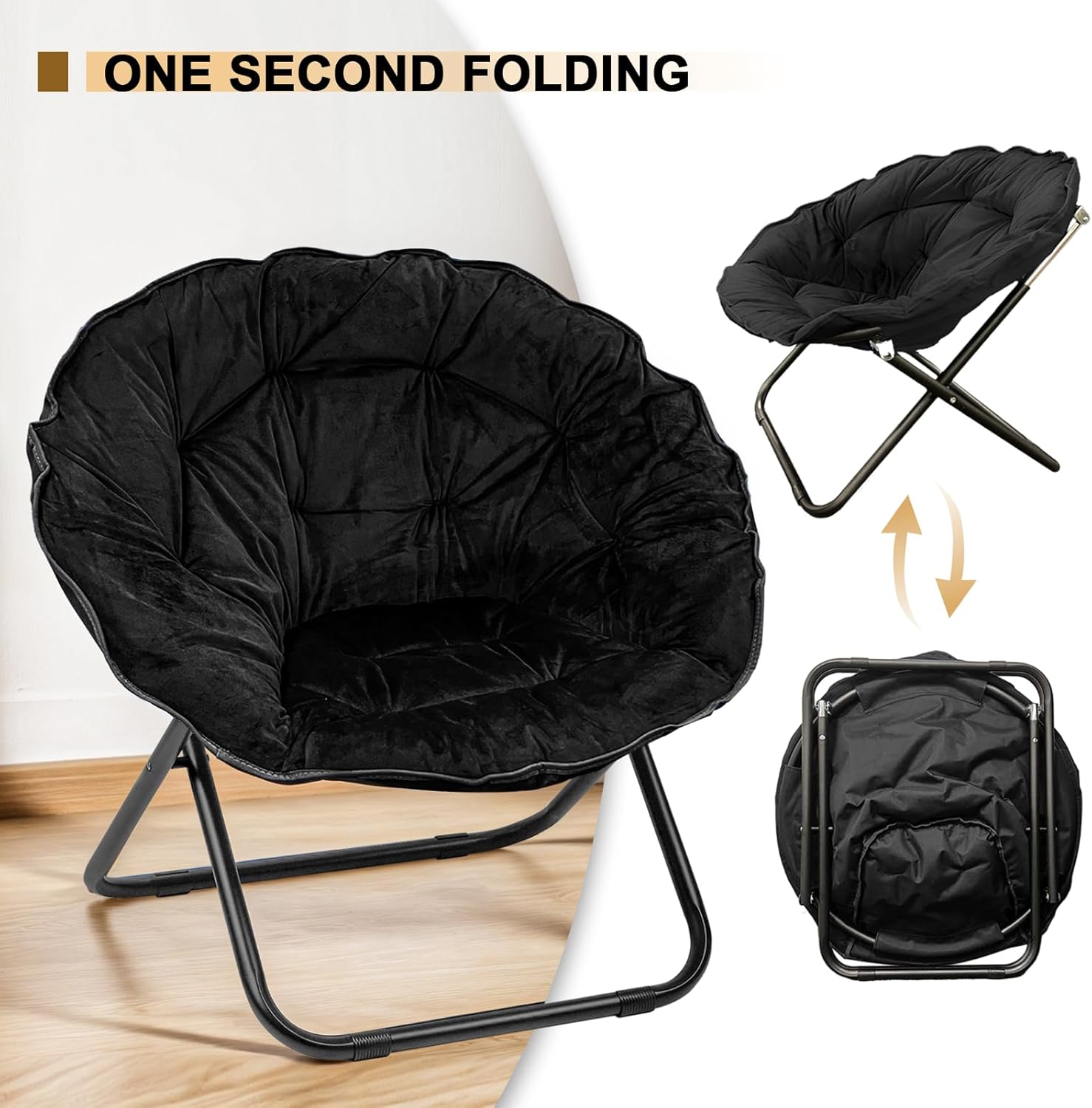 Grezone Silla plegable con platillo, silla de luna perezosa de gran tamaño con marco de metal, cómodas sillas de dormitorio para dormitorio, sala de