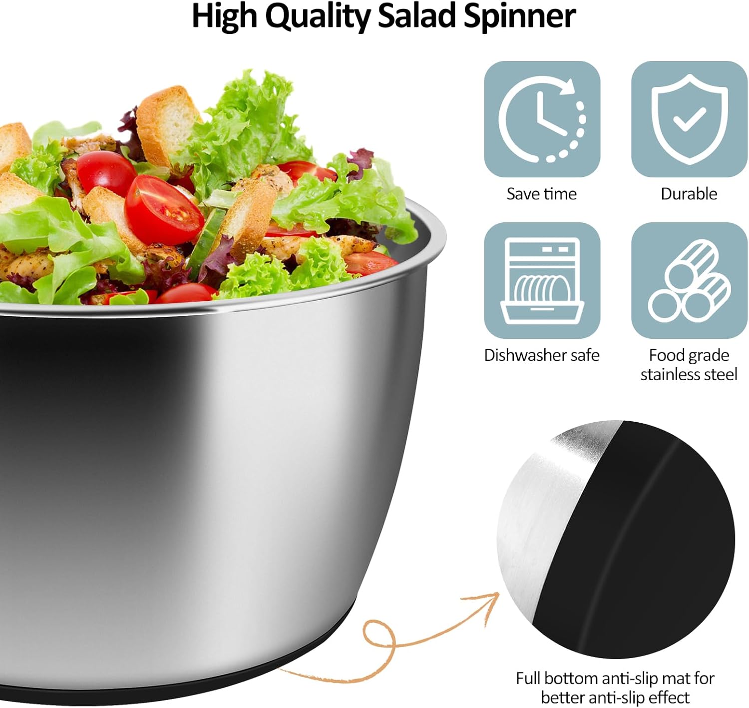 Ensalada Spinner de acero inoxidable, grande, multiuso, para lechuga, centrifugado y secado de frutas y verduras con cuenco de drenaje giratorio (5