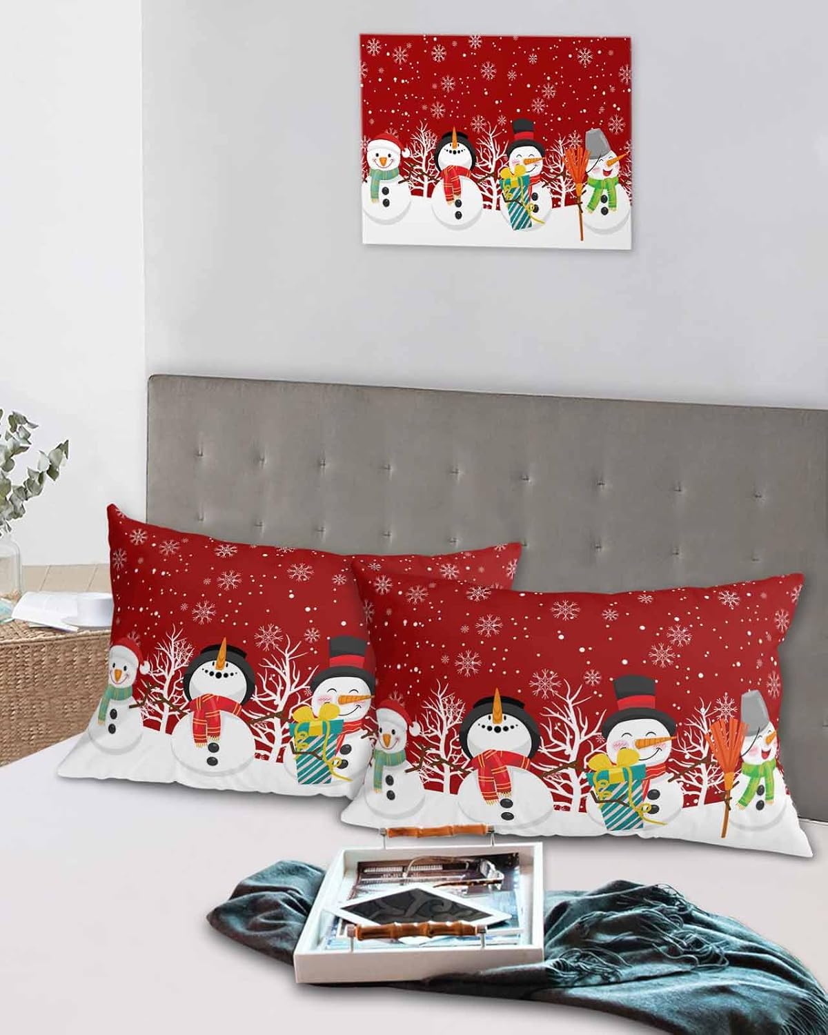 Fundas de almohada de tamaño estándar de muñeco de nieve navideño, 2 paquetes de fundas de almohada suaves decorativas para sofá de cuerpo largo
