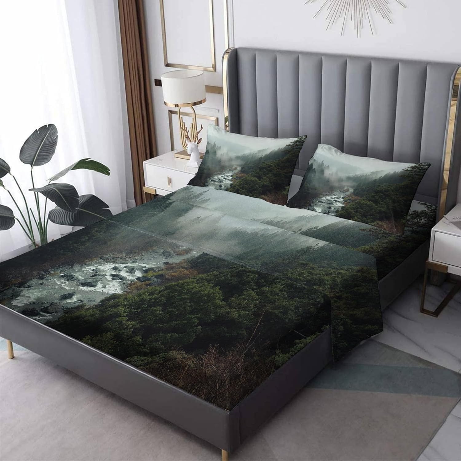 Misty Forest Sábanas Split King para cama ajustable, sábanas de paisaje, sábanas estampadas y juego de 5 piezas, microfibra suave con bolsillo