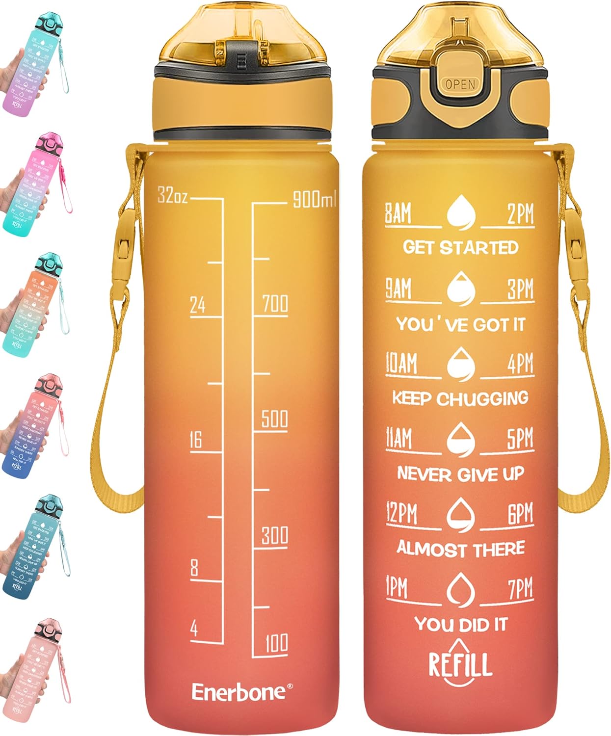 Enerbone Botella de agua potable de 32 onzas con tiempos para beber y pajita, motivacional con correa de transporte, a prueba de fugas BPA y sin