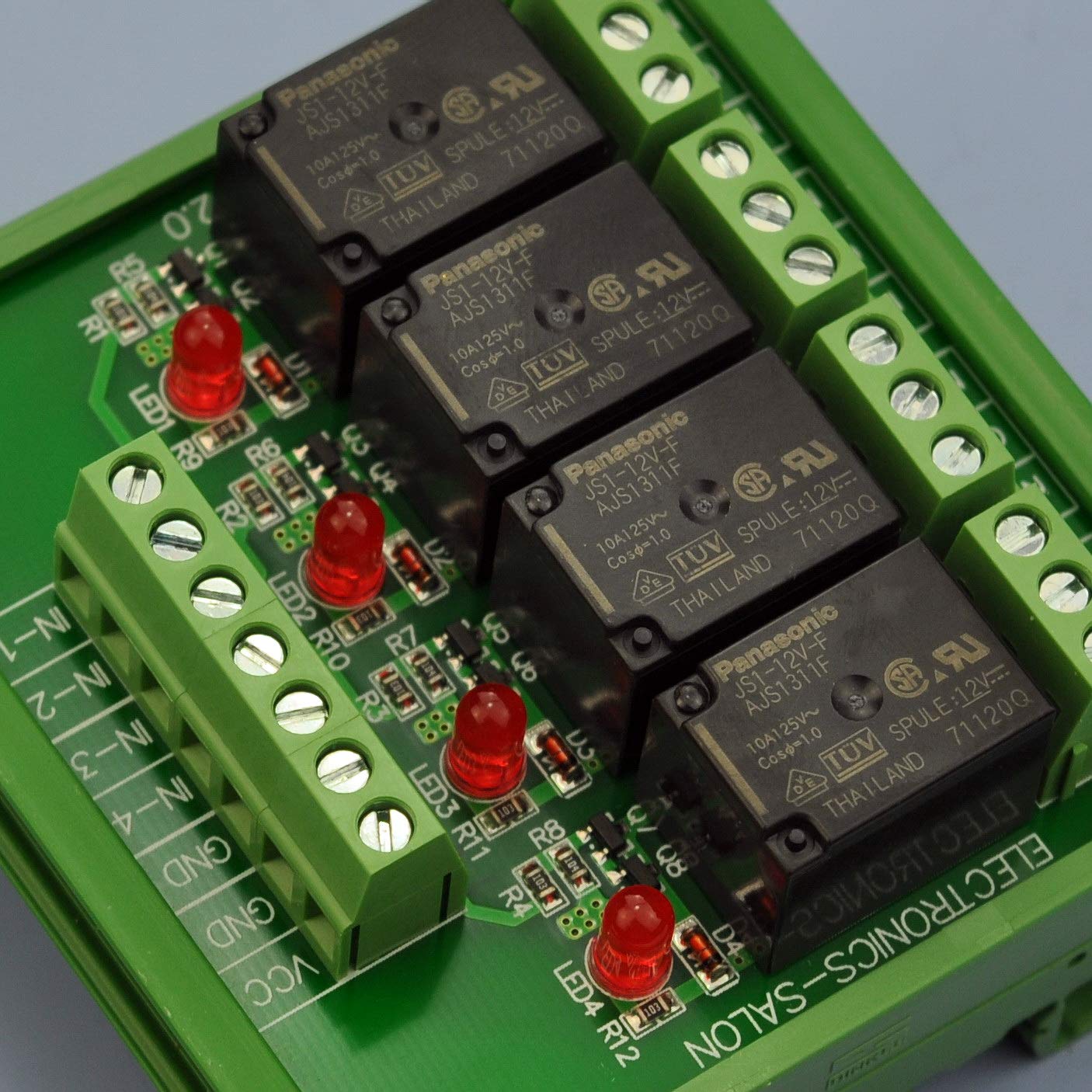 Electronics-Salon Montaje en carril DIN 4 SPDT Módulo de interfaz de relé de potencia de 10 amperios, versión DC 12V.