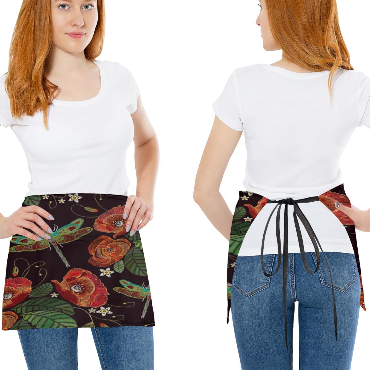 KOBLEN Lotus Dragonfly – Paquete de 3 delantales de servidor con 3 bolsillos, impermeables, delantales de media cintura para mujer, para cocinar,