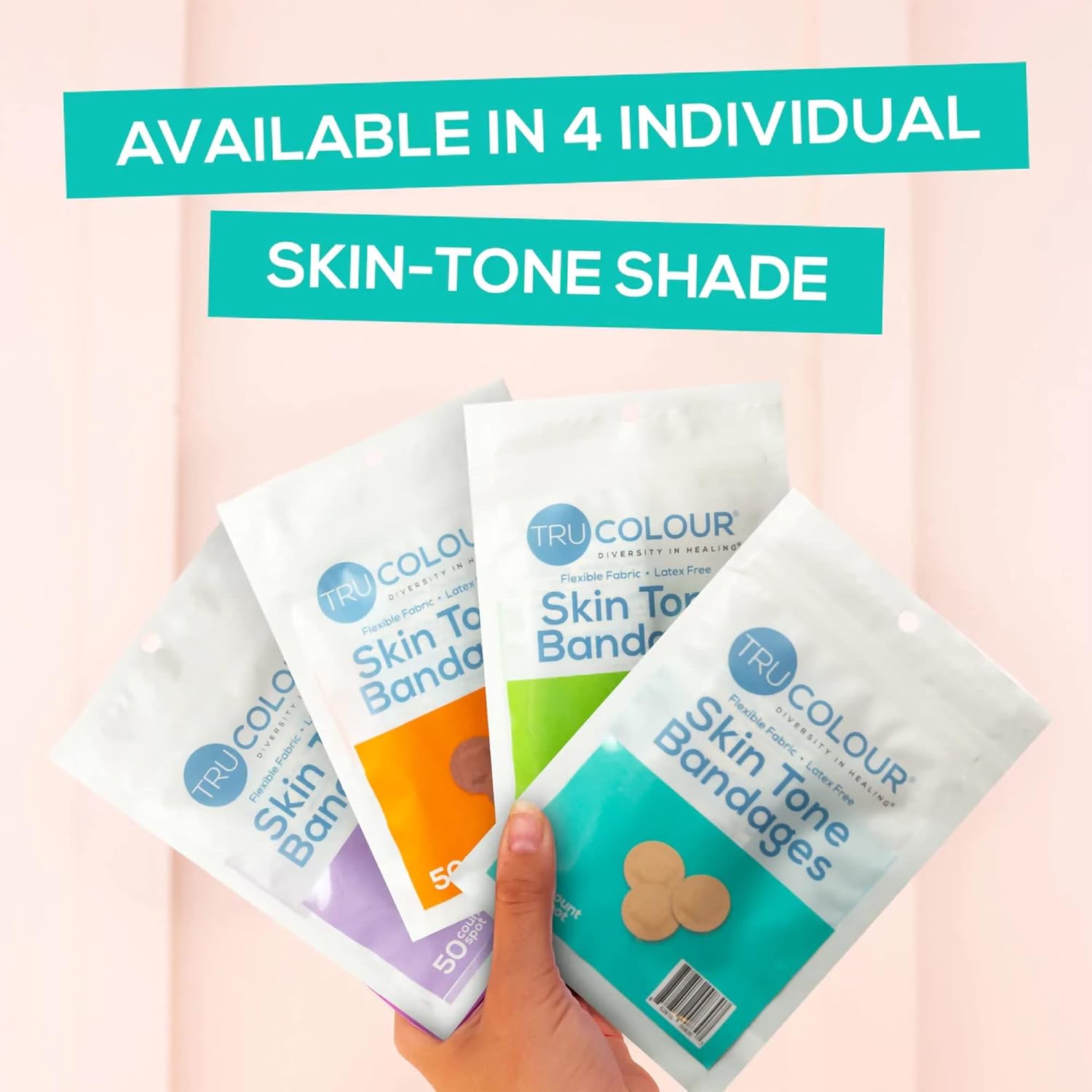 Tru Colour – Vendajes puntuales, vendajes adhesivos de tela flexible, tono de piel beige, bolsa aguamarina, 50 unidades