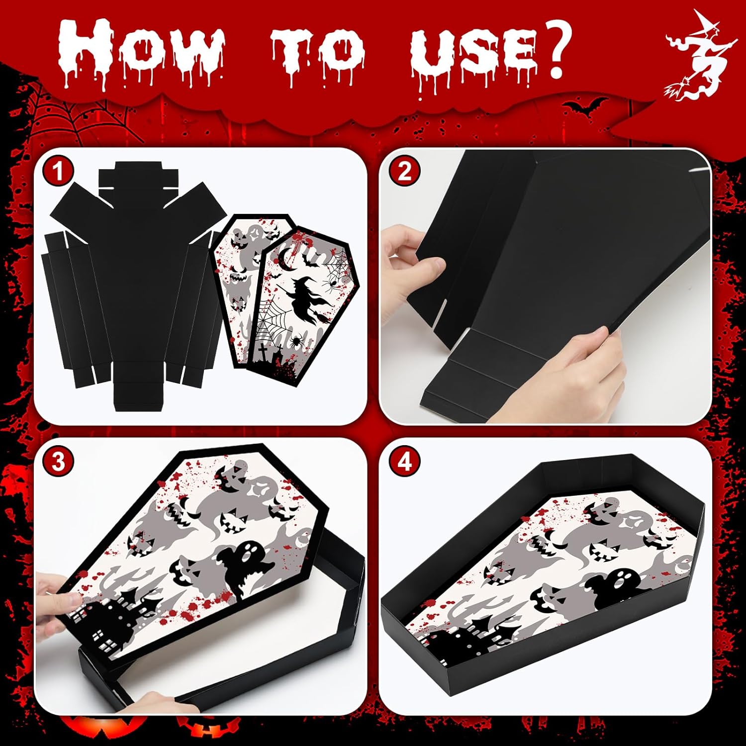 Bandeja de ataúd de papel de Halloween de 12.2 x 8.46 pulgadas, 16 piezas, estilo horrible